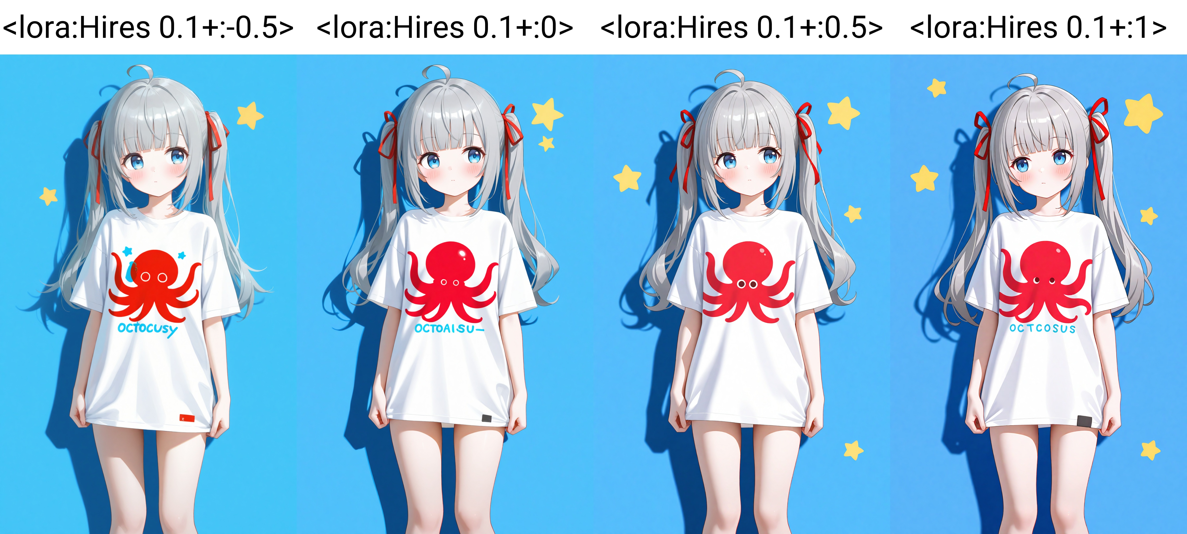 high,1girl,blue eyes,shirt,white shirt,print shirt,blush,long hair,solo,closed mouth,short sleeves,grey hair,octopus,ribbon,t-shirt,hair ribbon,red ribbon,shadow,standing,ahoge,star (symbol),blue background,cowboy shot,feet out of frame,side ponytail,twintails,blunt bangs,no pants,<lora:Hires 0.1+:-0.5>,