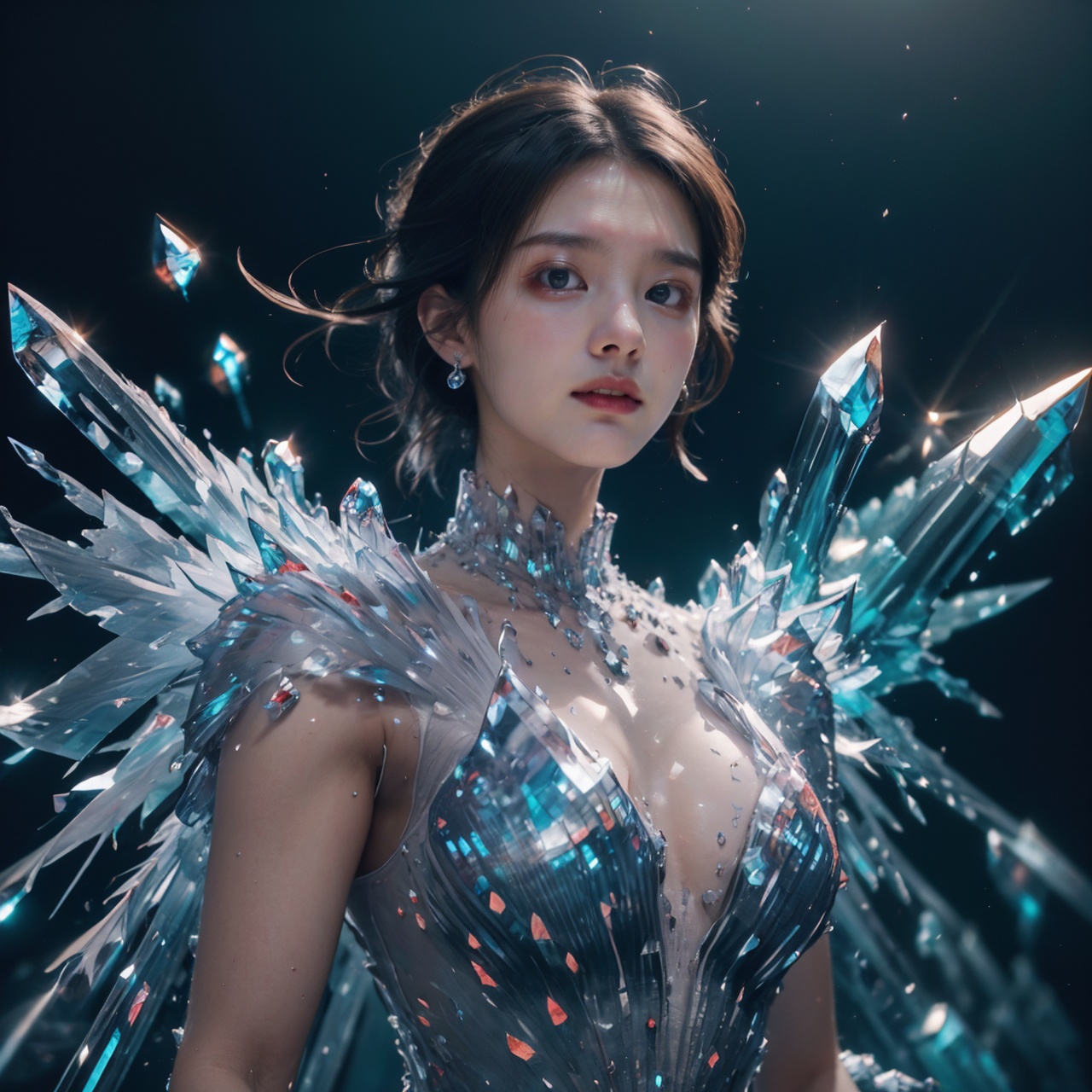 (best quality:1.4),(masterpiece:1.4),(photorealistic:1.4),(Realistic:1.2),(ultra high res, raw photo:1.4),(hdr, hyperdetailed:1.2),(8K:1.2),(1girl:1.2),(upper body:1.4),highly detailed,sharp focus,dynamic lighting,vivid colors,texture detail,particle effects,(black long straight hair:1.2),(white crystalz:1.5),(crystalz dress:1.4),(crystalz wing:1.5),<lora:Again_Crystalz:1>,