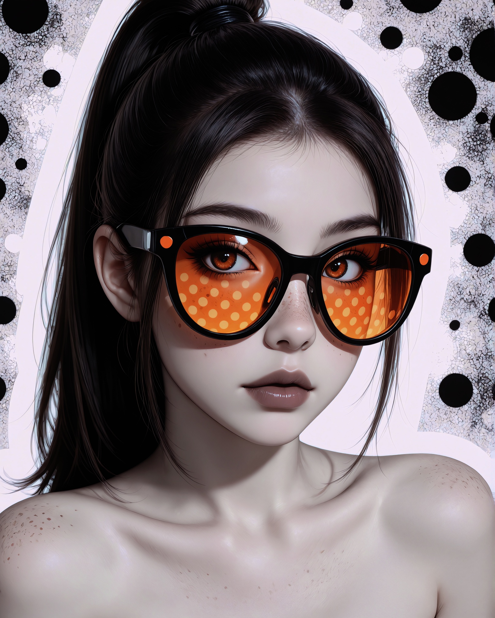 A black and white photograph of a young woman with freckles on her face,  wearing oversized orange sunglasses with polka d...