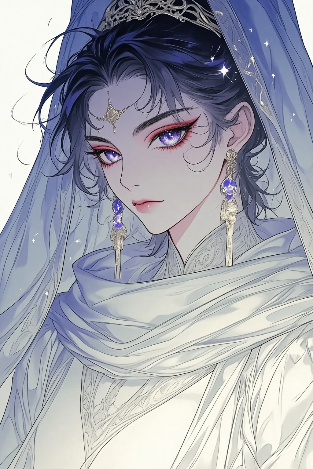 ZOZ_SUMIAOHH,ZOZ_SUMIAOMIAO,a digital illustration shoot from a portrait camera angle about a close-up portrait of a woman with a regal and elegant appearance,wearing a veil adorned with intricate details and jewelry,the image also shows a beautiful woman with dark blue hair styled in an elegant updo,adorned with a headpiece and earrings,on the middle of the image,a young woman appears to be in her early twenties,with a closed mouth and a serene expression,she is wearing a white veil with a blue sash,and her hair is styled in a long,wavy,dark blue color,her eyes are a striking shade of purple,and she is looking directly at the viewer with a sultry expression,the womans eyes are accentuated by dramatic makeup,with red and blue eyeshadow and eyeliner,her lips are curled into a small,closed mouth,giving her a subtle yet elegant look,the background is a simple,light blue gradient with a subtle sparkle effect,adding to the overall sense of elegance and sophistication,