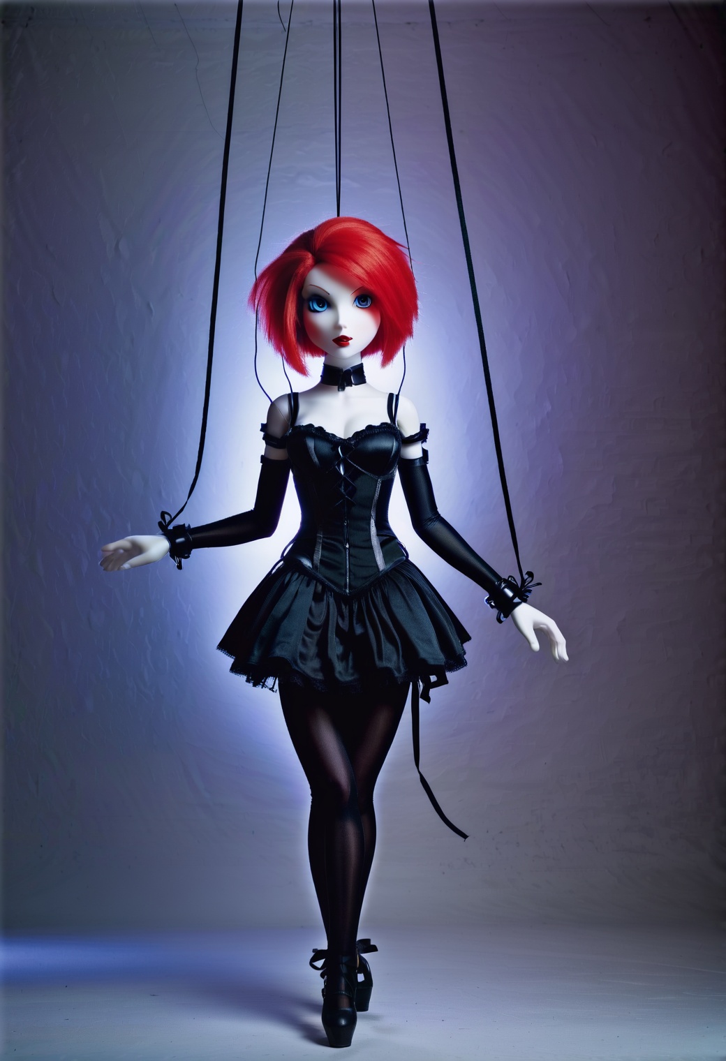 marionetka,  a puppet with red hair and a black corset,  is suspended by on Tensor.Art