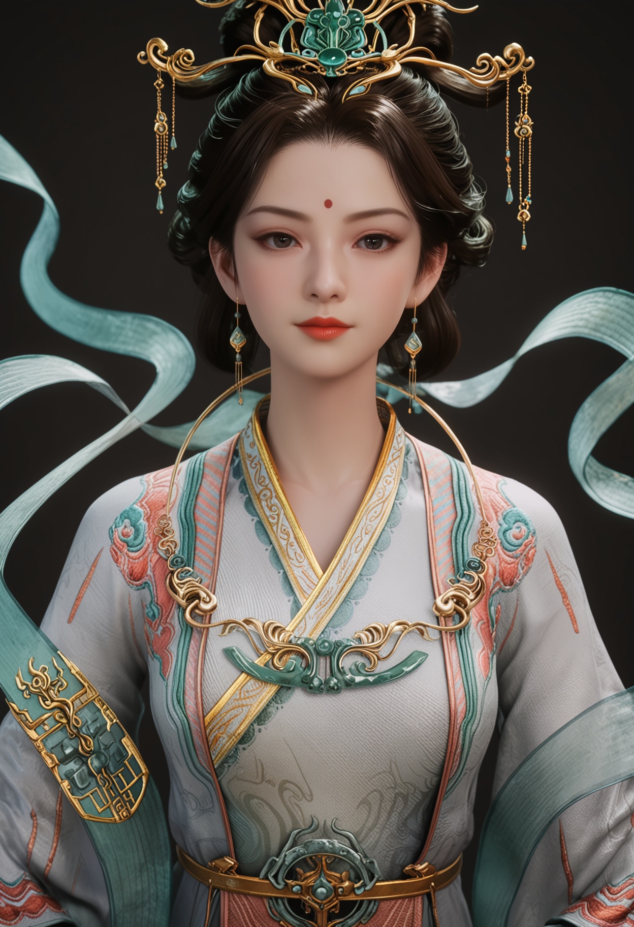 (upper_body:1.2),score_9,score_8_up,masterpiece,(best quality),intricate details,facing viewer,(looking at viewer:1.1),<lora:YQ_pony_xiwangmu_budaibeishi_V5:0.8>,q1528437228,1girl,solo,jewelry,earrings,hair ornament,black hair,chinese clothes,forehead mark,red lips,long sleeves,makeup,dress,hanfu,hair bun,updo,brown hair,black eyes,wide sleeves,brown eyes,hair stick,shawl,necklace,hair rings,forehead jewel,single hair bun,hagoromo,BREAKscore_9,score_8_up,masterpiece,(best quality),perfect anatomy,(hourglass),perfect face,(simple background,pure black background,black background:1.1),fair_skin,shiny_skin,Ivory_skin,