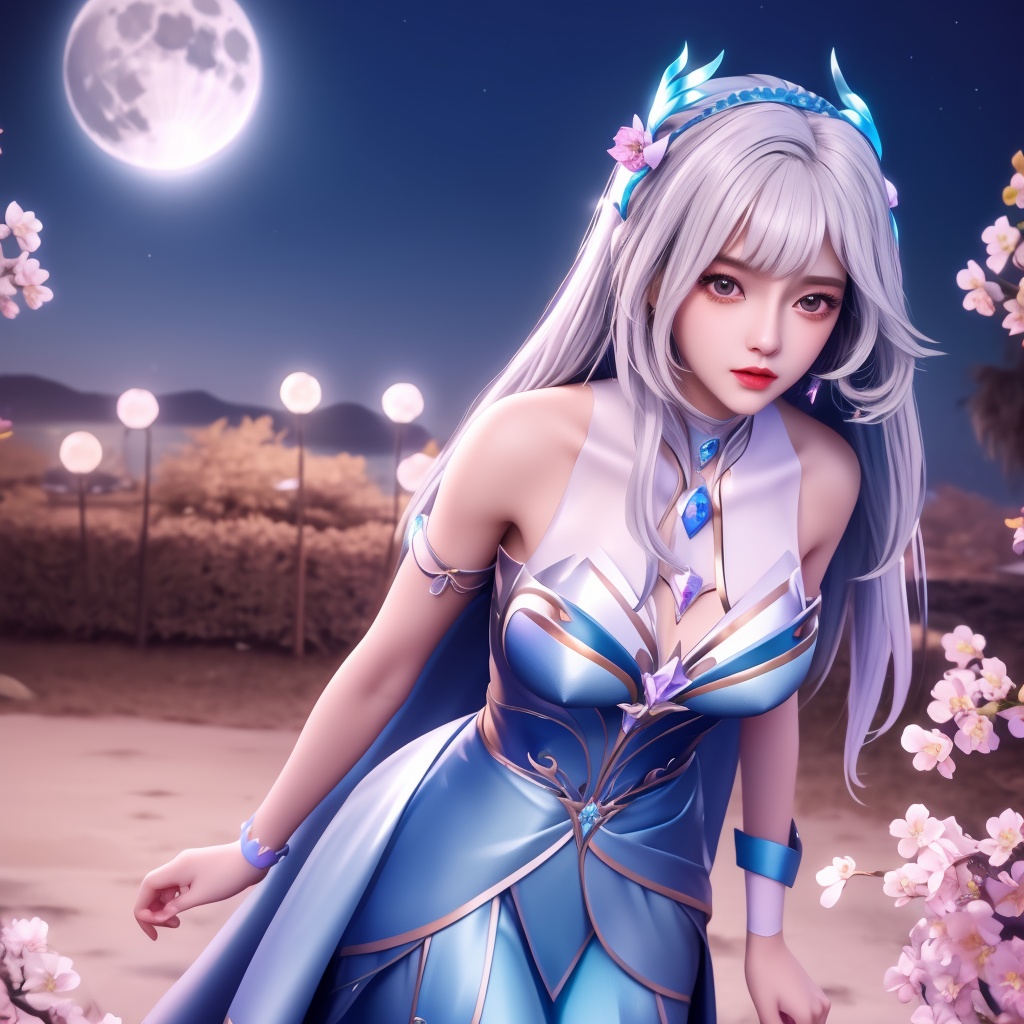 <lora:神印王座-小甜椒:0.8> (,1girl, ,best quality, ),looking at viewer,  ,ultra detailed background,ultra detailed background,ultra realistic 8k cg,, ,masterpiece, (( , )),, ,   ,   cure blossom, full moon,night,night sky,  (cleavage), (), ,,