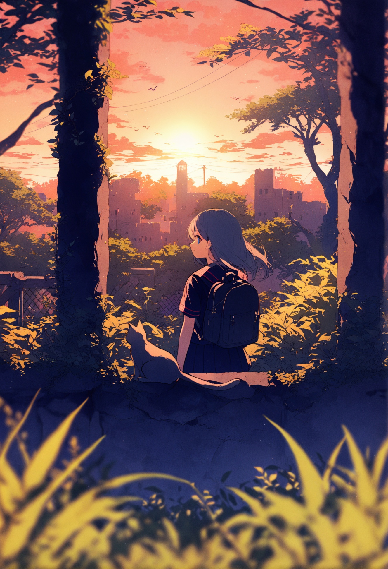 masterpiece, best quality,solo, abstract, 1girl, looking at viewer, closed mouth, upper body, spot color, white background, bangs, long hair ,scenery, outdoors, tree, cat, blurry, day, blurry foreground, plant, depth of field, sunlight, window, overgrown, building, sitting, animal, ruins, outdoors, scenery, cloud, solo, sky, bag, school uniform, fence, tree, building, standing, from behind, cloudy sky, facing away, power lines, serafuku, chain-link fence, backpack, grass, school bag, blue sky, sunset, wide shot, short sleeves, bird, overgrown ,<lora:potgXLlokr4f-000143:1> <lora:sd_xl_dpo_lora_v1-128dim:1>