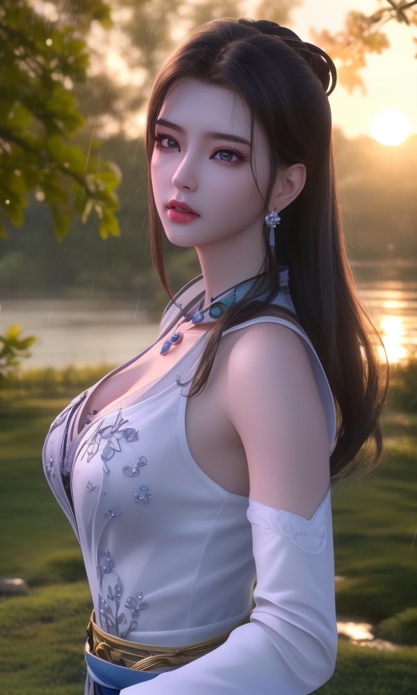 (,1girl, ,best quality, ),looking at viewer, <lora:432-DA-少年歌行-陈飞瑶:0.8> ,,ultra detailed 8k cg, ultra detailed background ,ultra realistic 8k cg,          cinematic lighting, cinematic bloom, (( , )),,  , unreal, science fiction,  luxury, jewelry, diamond, pearl, gem, sapphire, ruby, emerald, intricate detail, delicate pattern, charming, alluring, seductive, erotic, enchanting, hair ornament, necklace, earrings, bracelet, armlet,halo,masterpiece, (( , )),, realistic,science fiction,mole,   ,cherry blossoms,,(((Best quality, masterpiece, ultra high res, (photorealistic:1.4), raw photo, 1girl, ,rain, , sunlight, sunset, qianqiu wanxia,     )))  (cleavage), (),