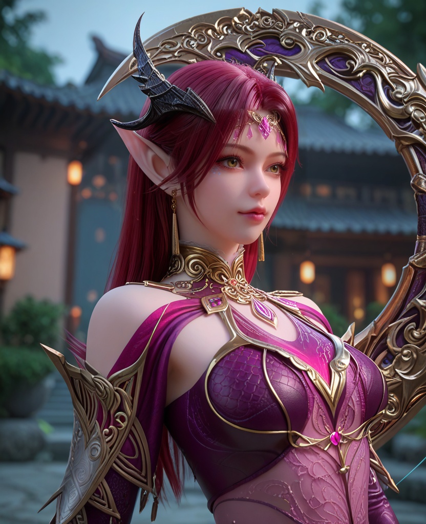 (oriental architecture, elegant decor, sophisticated style:1.1),(practicing archery:1.1),(breasts:1.2),<lora:XL百炼成神剑灵妖夜:0.9>,miss yaoye,long hair,jewelry,red hair,pointy ears,armor,earrings,horns,hair ornament,breasts,barefoot,socks,yellow eyes,lips,elf,, zPDXL2, score_9, score_8_up, score_7_up BREAK realistic, masterpiece,best quality, highly detailed,, zPDXL3, zPDXL2,zPDXL, zPDXLxxx, zPDXLrl,