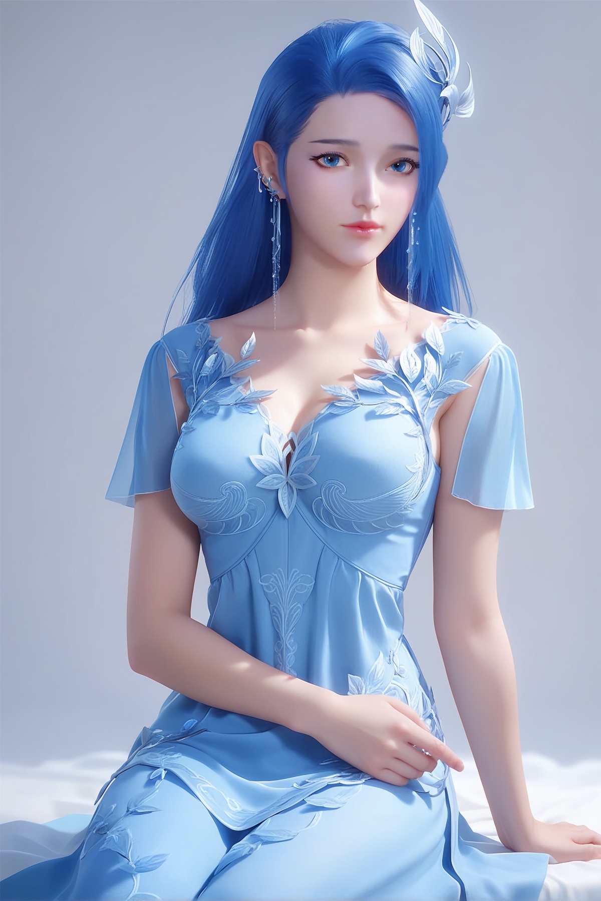 score_9,score_8_up,score_7_up,<lora:wy_ayin_XL7.0:0.8>,1girl,long hair,breast,medium breast,earrings,hair_ornament,dress,blue hair,blue eyes,thick_thighs,blue_dress,sitting,simple background,white_background,