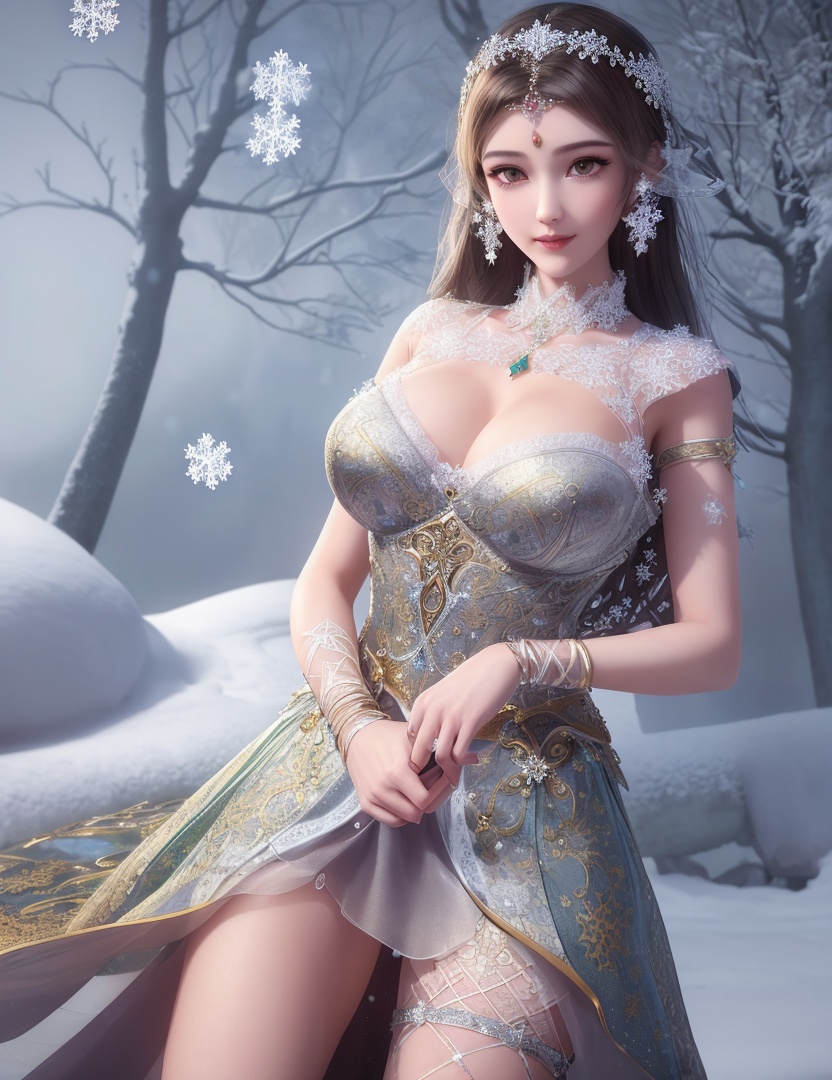 ultra realistic 8k cg, flawless, clean, masterpiece, professional artwork, famous artwork, cinematic lighting, cinematic bloom, perfect face, beautiful face, fantasy, dreamlike, unreal, science fiction,   lace, lace trim, lace-trimmed legwear, luxury, jewelry, diamond, gold, pearl, gem, sapphire, ruby, emerald, intricate detail, delicate pattern, charming, alluring, seductive, erotic, enchanting, hair ornament, necklace, earrings, bracelet, armlet,halo,autumn,((,1girl, pov,best quality, ))  , ((((1girl, solo,outdoors, large breasts,,snowflakes,  snow, snowing,   ))))    <lora:DA_BaiCai:0.7>