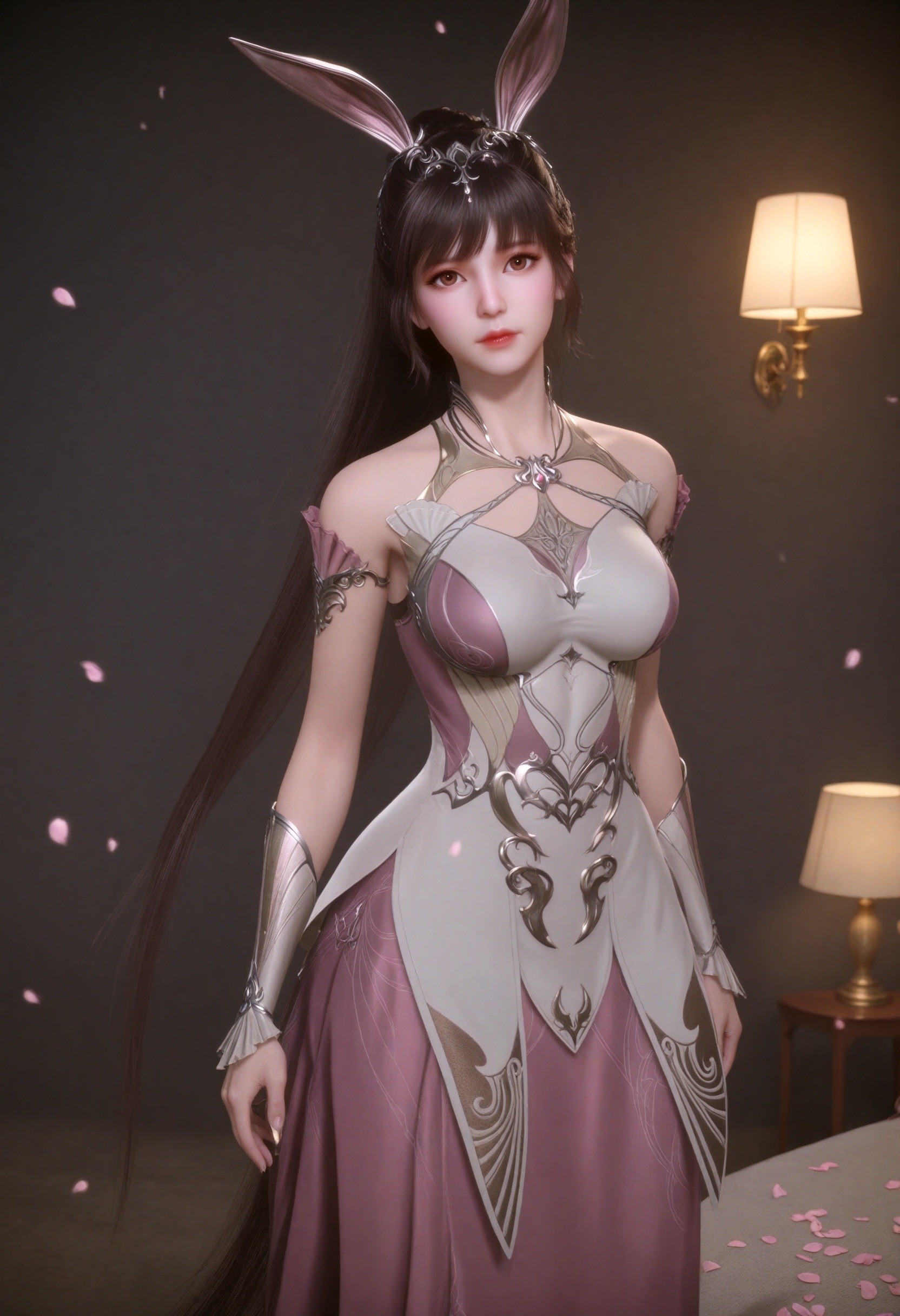 (cowboy shot:1.2),(gigantic breasts:0.6),(slender:1.3),(looking_at_viewer:1.1),(masterpiece:1.1),(best quality:1.2),(intricate details),dim lighting,(smog:1.3),(Dark room:1.3),(dim lighting:1.3),peach blossom,falling petals,<lora:YQ_li光辉v5_小舞_V1:0.8>,q1528437228,1girl,solo,dress,long hair,rabbit ears,animal ears,ponytail,brown hair,hair ornament,pink dress,black hair,jewelry,bare shoulders,metal collar,necklace,braid,collar,high heels,brown eyes,masterpiece,(best quality),(intricate details:0.9) BREAK masterpiece,(best quality),(intricate details:0.9),(realistic skin:1.2),