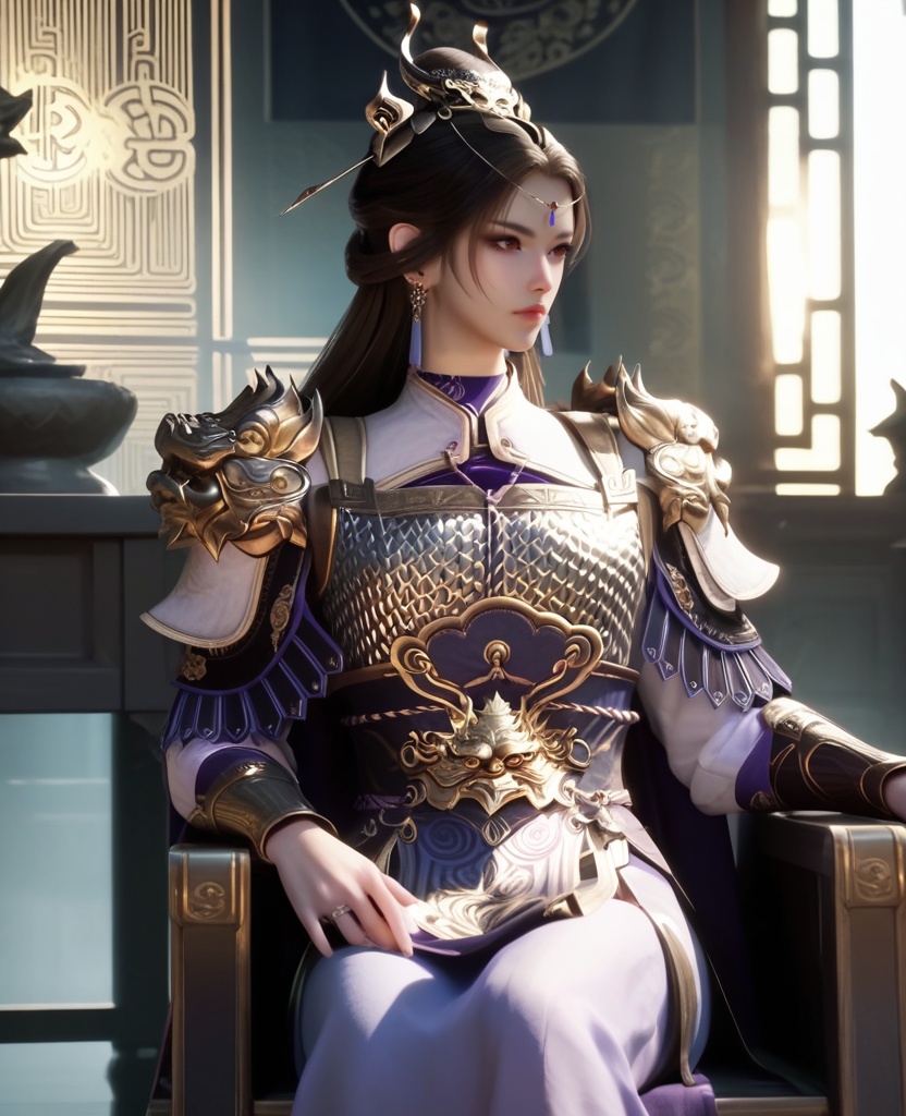 (oriental architecture, elegant decor, sophisticated style:1.1),(Sitting on a chair with legs crossed, resting chin on hand,:1.1),(breasts:1.2),<lora:XL16牧神记虞渊初雨:0.95>,female general,white armor,orange eyes,forehead pendan,black hair,very long hair,half-up braid with long cascading hair,earrings,pauldrons,vambraces,sash,faulds,purple cape,jambeau,, score_9,score_8_up,score_7_up,score_6_up,score_5_up,score_4_up,3d rendering,tag1,tag2, Cinematic Lighting,backlighting,