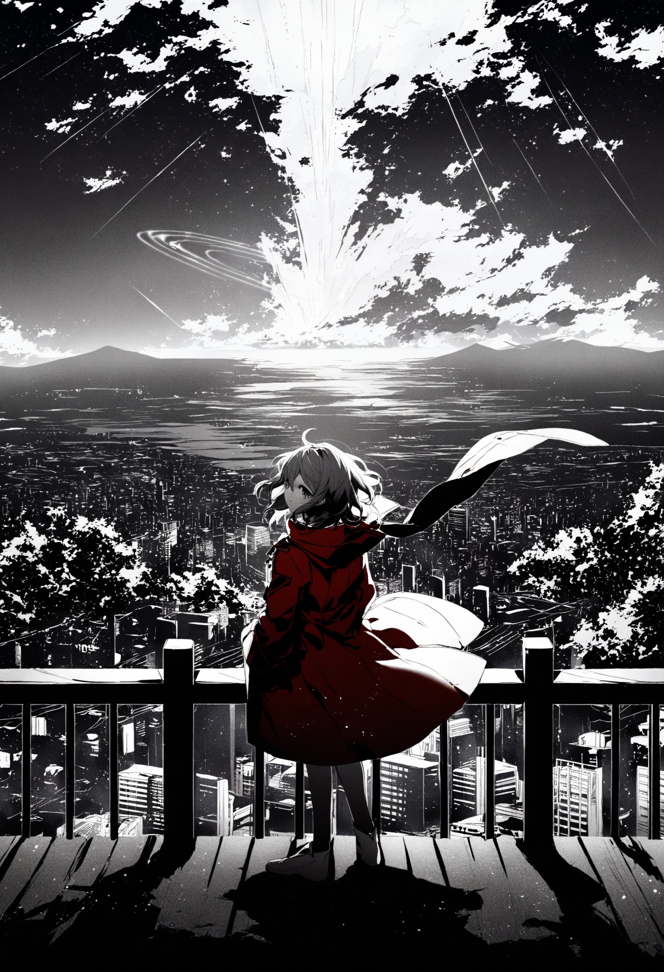 masterpiece, best quality,solo, 1girl, abstract, looking at viewer, monochrome, short hair ,scenery, bird, cloud, sky, outdoors, mountain, building, cloudy sky, city, sunlight, day, railing, fantasy, water, light rays, animal, sky, scenery, solo, cloud, outdoors, star (sky), coat, building, city, cityscape, starry sky, wind, skyline, standing, cloudy sky, miyamizu mitsuha, long sleeves, night, red coat, skyscraper, diffraction spikes, string, railing, night sky ,<lora:potgXLlokr4f-000143:1> <lora:sd_xl_dpo_lora_v1-128dim:1>