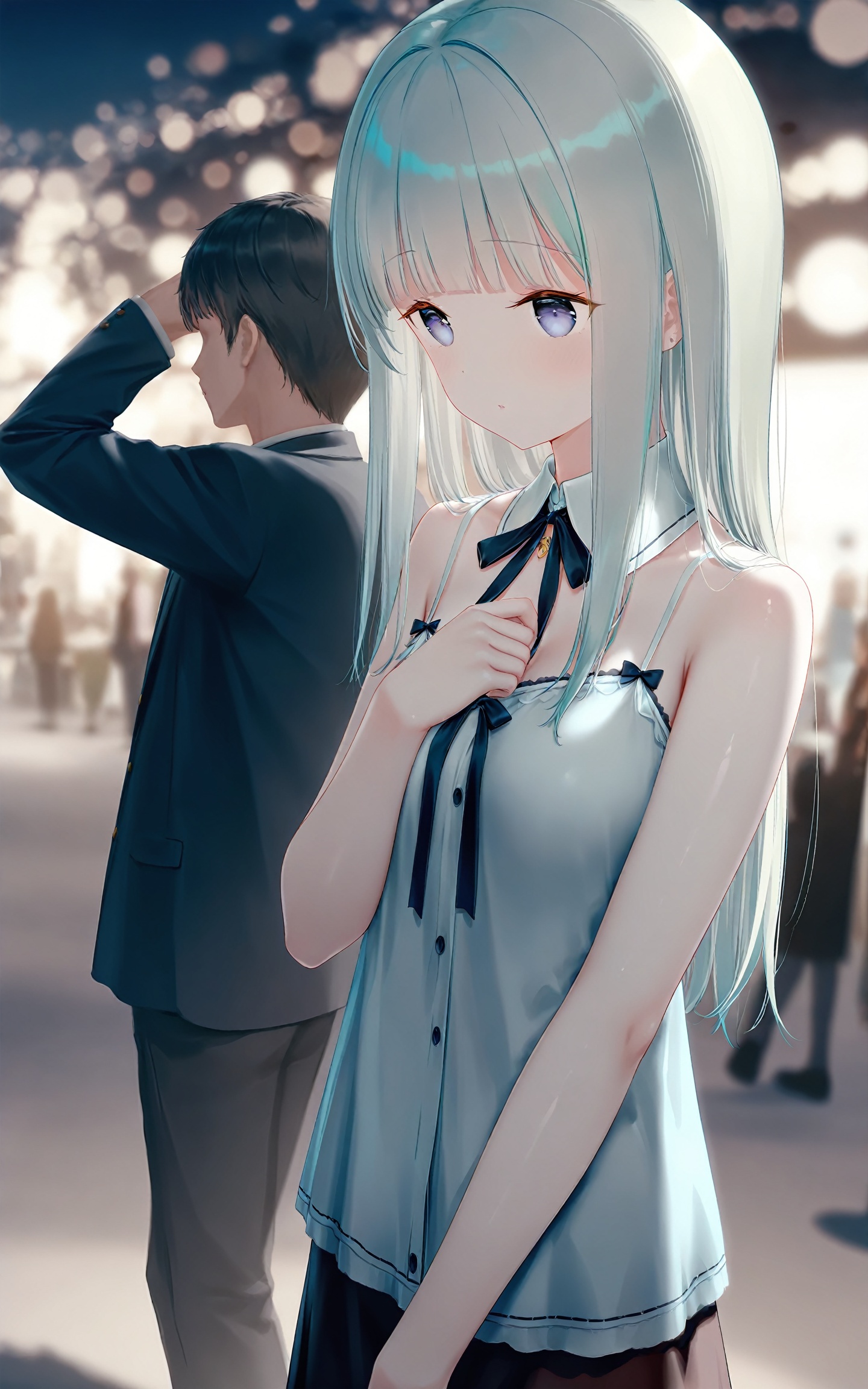 masterpiece,very aware,highres,absurdres,newest,best quality,high quality,chromatic_aberration,//,1girl,white_skin,silver hair,straight_hair,blunt bangs,cowboy_shot,collared_camisole,buttoned_front,sleeveless_design,light_fabric //,Artist haneru,Artist:hiten_(hitenkei),artist chen_bin,artist:wanke,(artist:ke-ta:0.6),[Artist:wlop],(Artist agwing86:1.3),(Artist aki99:0.5),(Artist z282g:0.66),//,official art,depth of field,detailed light,blurry background,best shadow,shiny skin,cinematic lighting,ray tracing,amazing quality,very aesthetic,absurdres,beast quality,ultra detailed,newest,8K,HDR,
