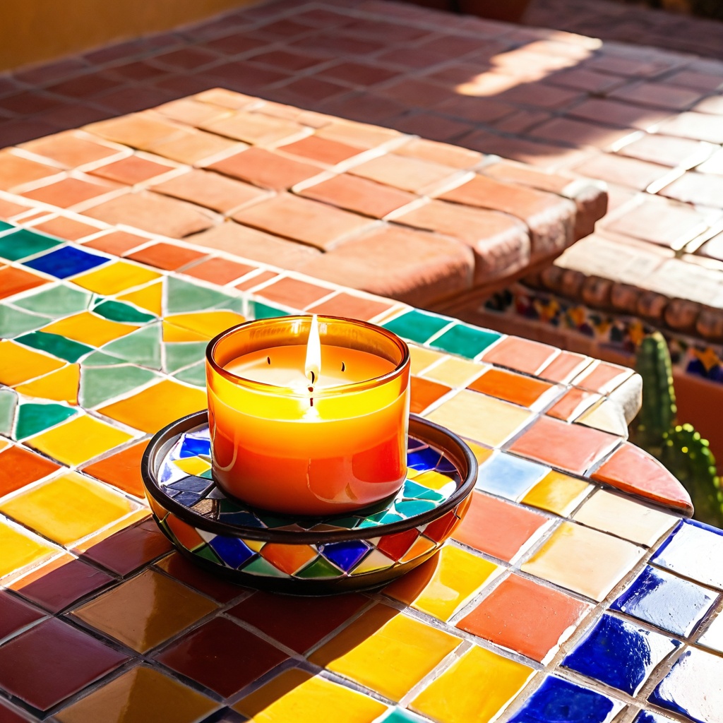 scenemexictiled,  a scented candle,  colorful Mexican tiled courtyard table on Tensor.Art