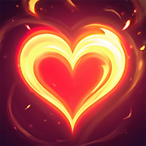 creating a warm and strong feeling. The background is a mixture of deep red and orange, An abstract heart shape with rotating fiery red and yellow flames emanating from its center. The heart is outlined by a sparkling light 