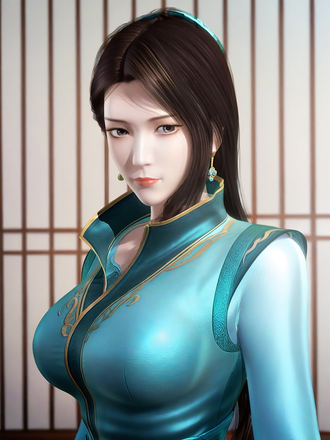 score_9,1girl,solo,dress,long hair,standing,long hair,brown hair ,black eyes,earrings,aqua dress,large breasts,chinese clothes,long sleeves,standing,lipstick,upper body,looking at viewer,<lora:SF_HuFuRen_Pony_Realism2.3-000004:0.7>,