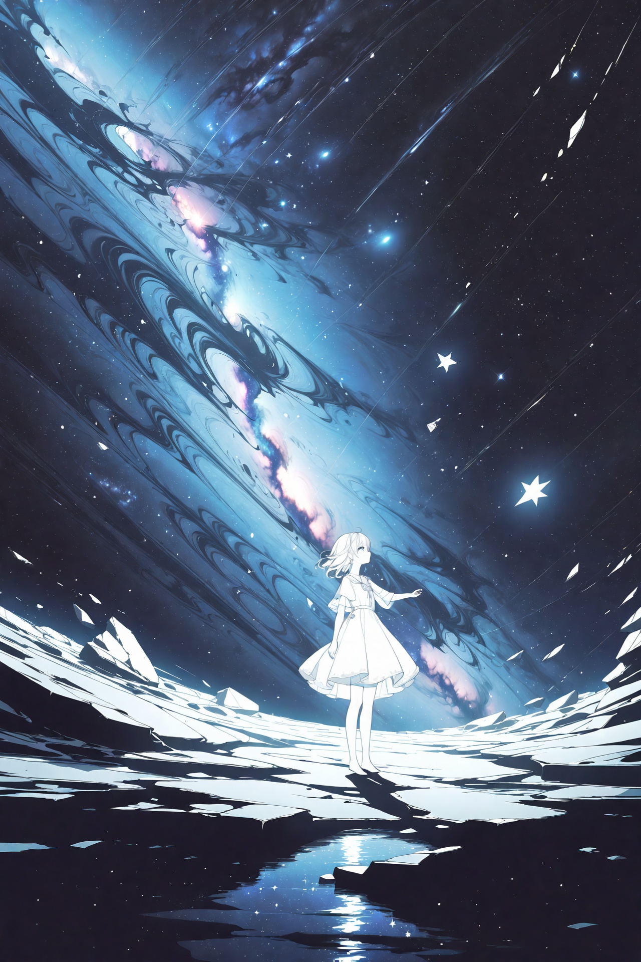 (silver, glimmer)),contrast,phenomenal aesthetic,best quality,sumptuous artwork,(masterpiece),(best quality),(ultra-detailed),(((illustration))),((an extremely delicate and beautiful)),(detailed light),cold theme,broken glass,broken wall,((an array of stars)),((starry sky)),the Milky Way,star,Reflecting the starry water surface,(1girl:1.3),awhite hair,blinking,white dress,closed mouth,constel lation,flat color,white hair,braid,blinking,white robe,barefoot,float,flat color,looking up,standing,medium hair,standing,solo,space,universe,Nebula,many stars,fanxing,
