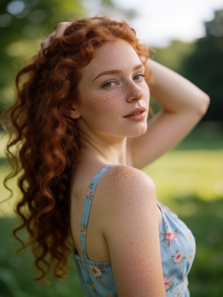 Photorealistic portrait of a young woman with long curly red hair and freckles on her face and shoulders. She is looking b...