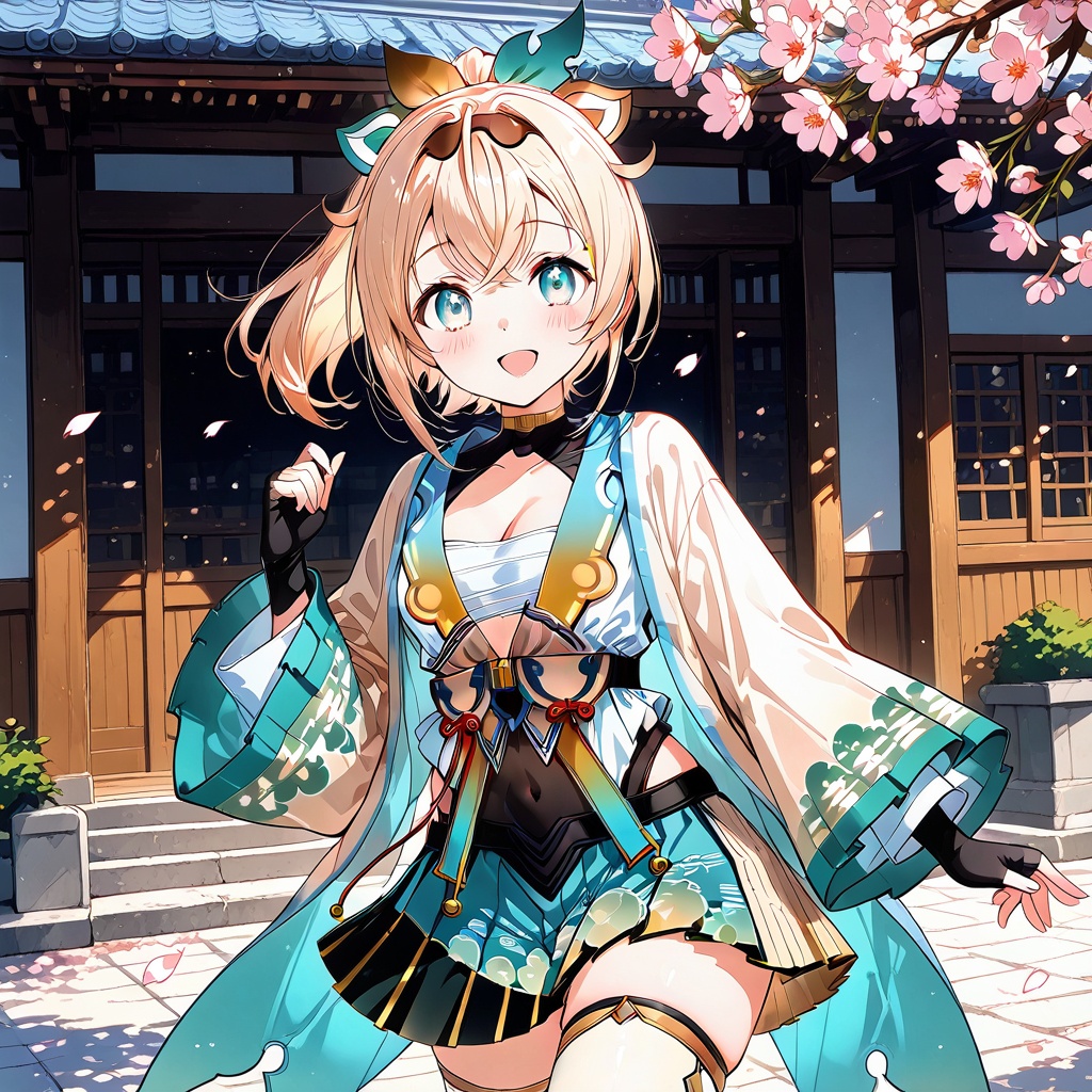 Melting,kazama iroha,1girl,virtual youtuber,blonde hair,solo,gloves,ponytail,fingerless gloves,cherry blossoms,smile,skirt,looking at viewer,thighhighs,breasts,pleated skirt,blue eyes,hairband,white thighhighs,japanese clothes,open mouth,bangs,blush,outdoors,black gloves,long sleeves,medium breasts,serafuku,blue skirt,:d,sailor collar,east asian architecture,school uniform,aqua eyes,neckerchief,architecture,(UHD),anatomically correct,accurate,textured skin,super detail,high details,award winning,best quality,high quality,retina,16k,HD,1080P,8k,