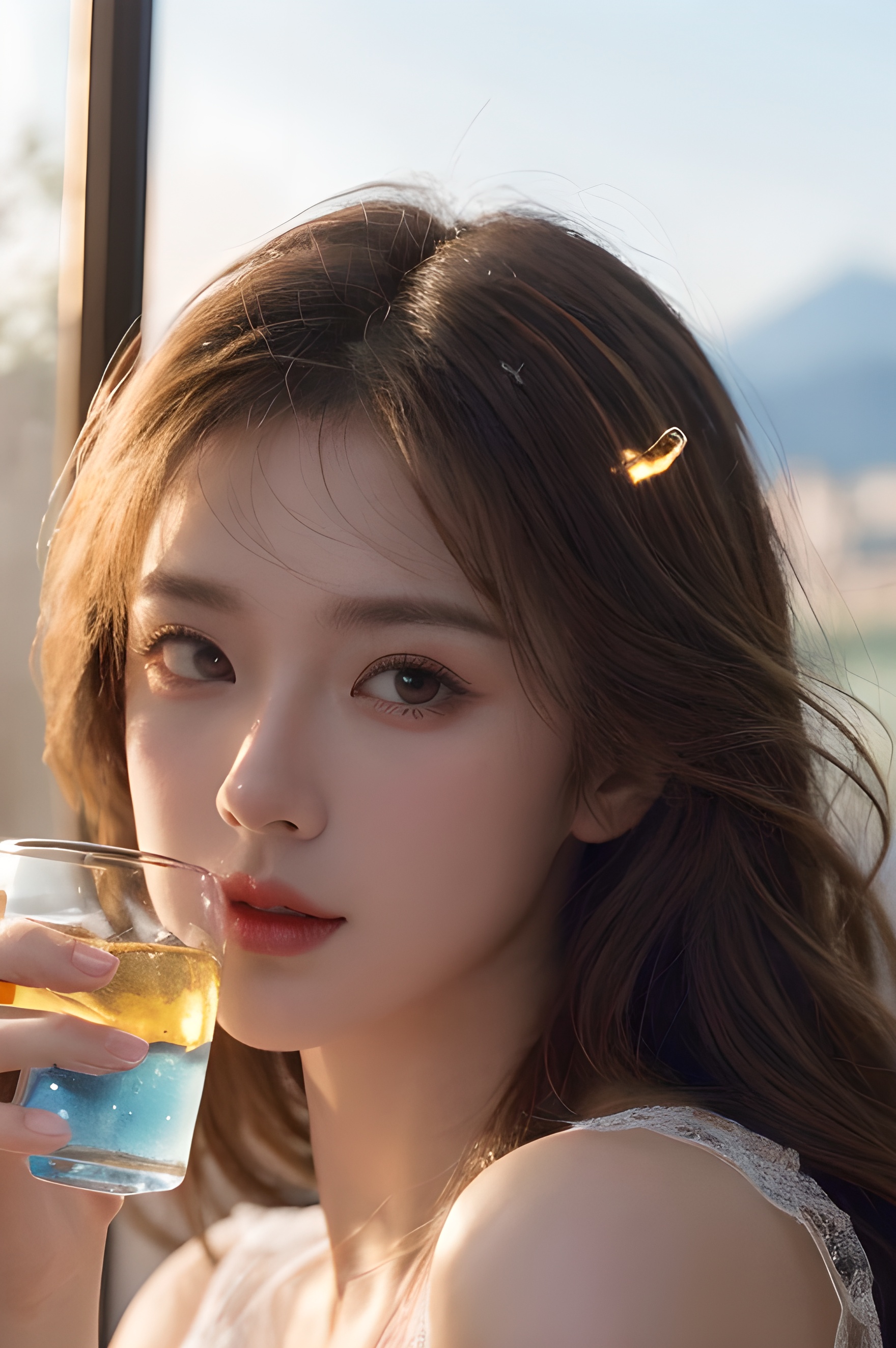 sdmai, fanhua, 1girl, solo, long hair, blurry, looking at viewer, brown eyes, brown hair, bottle, depth of field, parted lips, lips, cup, realistic, drinking glass <lora:绿霞仙子:0.6>masterpiece,high quality,best quality),(colorful),(delicate eyes and face),volumatic light,ray tracing,extremely detailed CG unity 8k wallpaper,solo, indoors, palace, lights, window, decorations,(ahoge:1.3),best quality,official art,(((light from the sky))),floating hair,light shines on hair,whultra-detailed,(((extremely detailed cg 8k wallpaper))),(crystalstexture skin:1.4),(extremely delicate and beautiful),(white skin),looking_at_viewer,kinghere fensejiaren,,realistic,