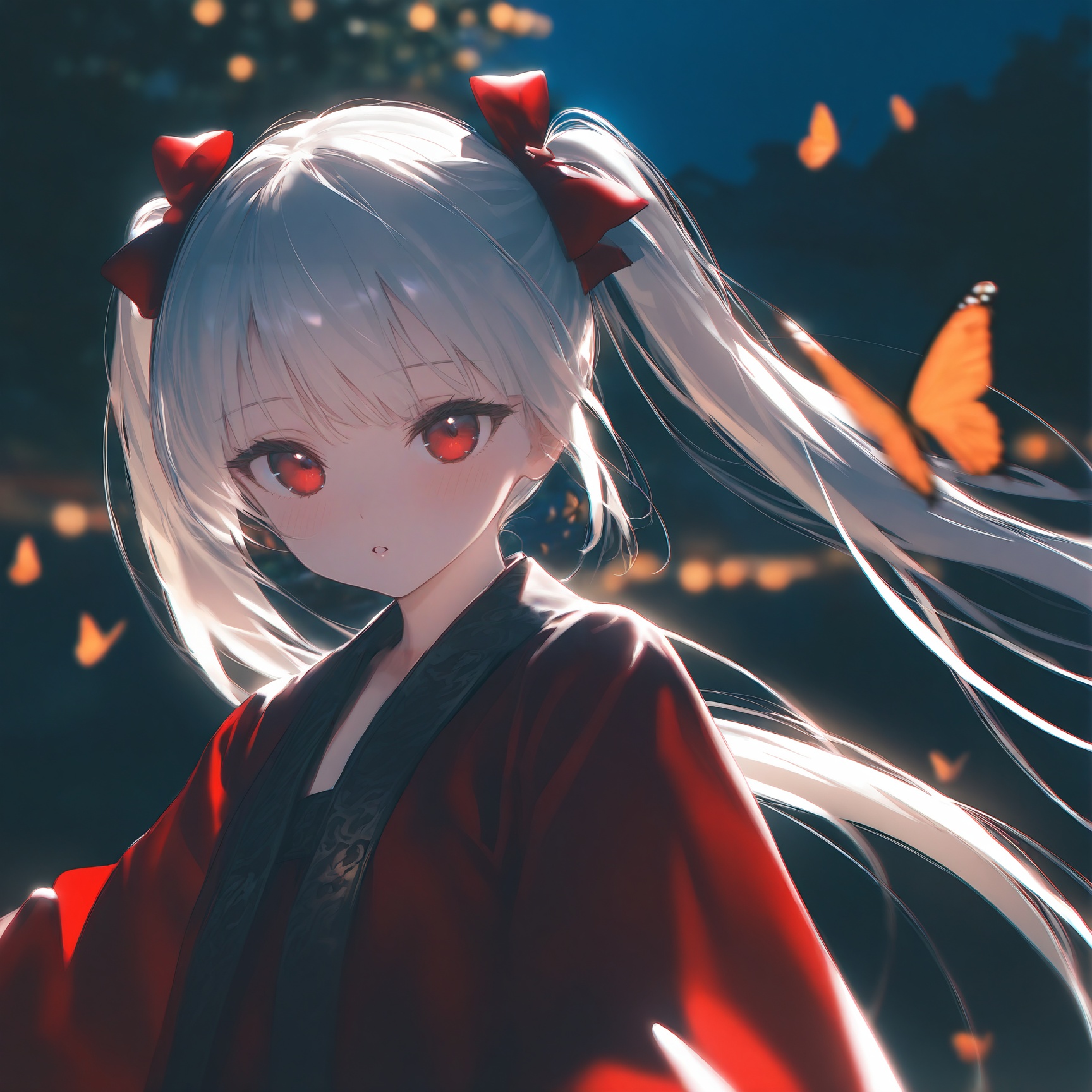 masterpiece,highres,absurdres,newest,best quality,high quality,loli,petite,chromatic_aberration,//,night,1girl,solo,long hair,looking at viewer,blush,bangs,red eyes,long sleeves,twintails,very long hair,upper body,white hair,hair bow,parted lips,hanfu,Red Hanfu,blurry,:o,floating hair,depth of field,animal,bug,butterfly,//,official art,depth of field,detailed light,blurry background,cinematic lighting,ray tracing,ultra detailed,god rays,backlighting,photo background,film grain,chromatic aberration,volumetric lighting,depth of field,blurry background,shiny skin,floating hair,cinematic lighting,day,very aesthetic,//,<lora:MAQ1118——【noob】hans:0.8>,