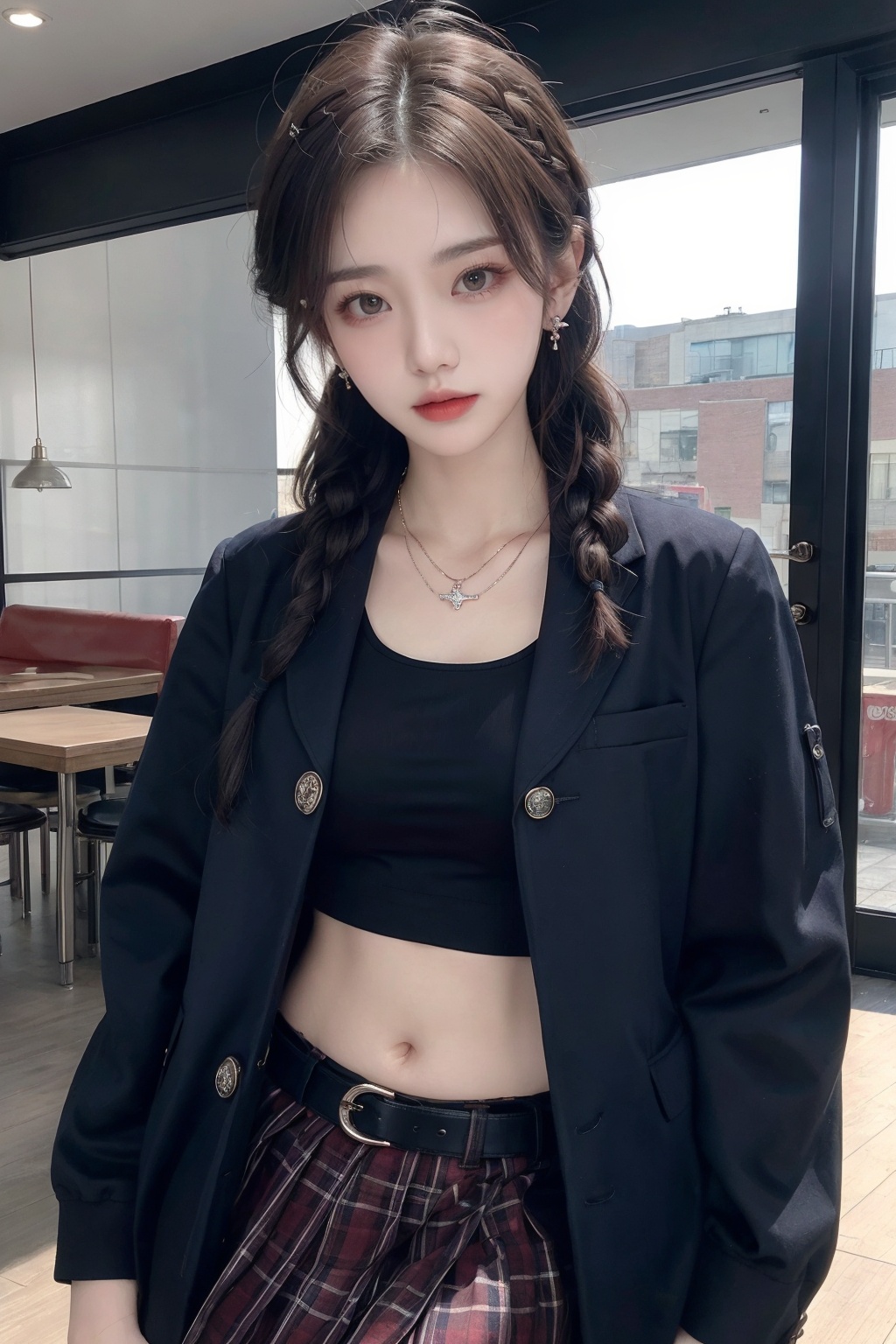 1girl, belt, bracelet, braid, breasts, earrings, jacket, jewelry, long hair, looking at viewer, midriff, nail polish, necklace, open clothes, plaid, plaid skirt, ring, skirt, solo  <lora:jk美女:0.66>