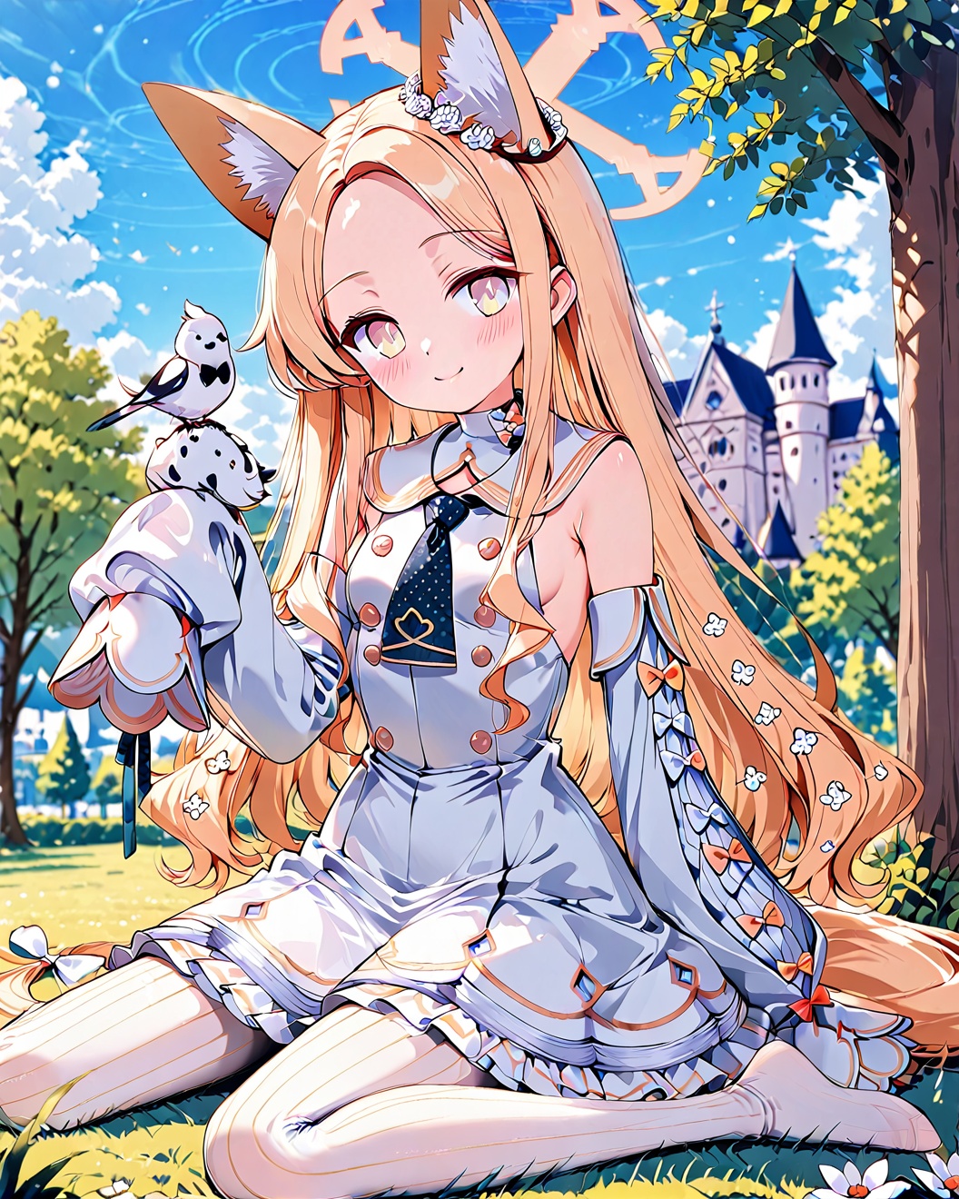 O,seia\(blue_archive\), 1girl, bird, blonde hair, animal ears, dress, outdoors, solo, flower, pantyhose, long hair, white dress, sleeves past wrists, necktie, sitting, halo, sleeves past fingers, white flower, detached sleeves, animal ear fluff, parted bangs, white bird, hair flower, looking at viewer, white pantyhose, forehead, smile, hair ornament, very long hair, wariza, tree, grass, castle, sleeveless dress, day, sleeveless, blush, bangs, bow, no shoes, sky, closed mouth, frills, fox ears, sailor collar, long sleeves, frilled dress, bare shoulders, cloud, bird on hand, blurry background, yellow eyes, blurry, on grass, blue sky, small breasts, building, short necktie, white bow, animal, striped, breasts, blue necktie, hand up, church, sailor dress, white sailor collar, full body, multicolored eyes,(UHD),anatomically correct,accurate,textured skin,super detail,high details,award winning,best quality,high quality,retina,HD,16k,1080P,