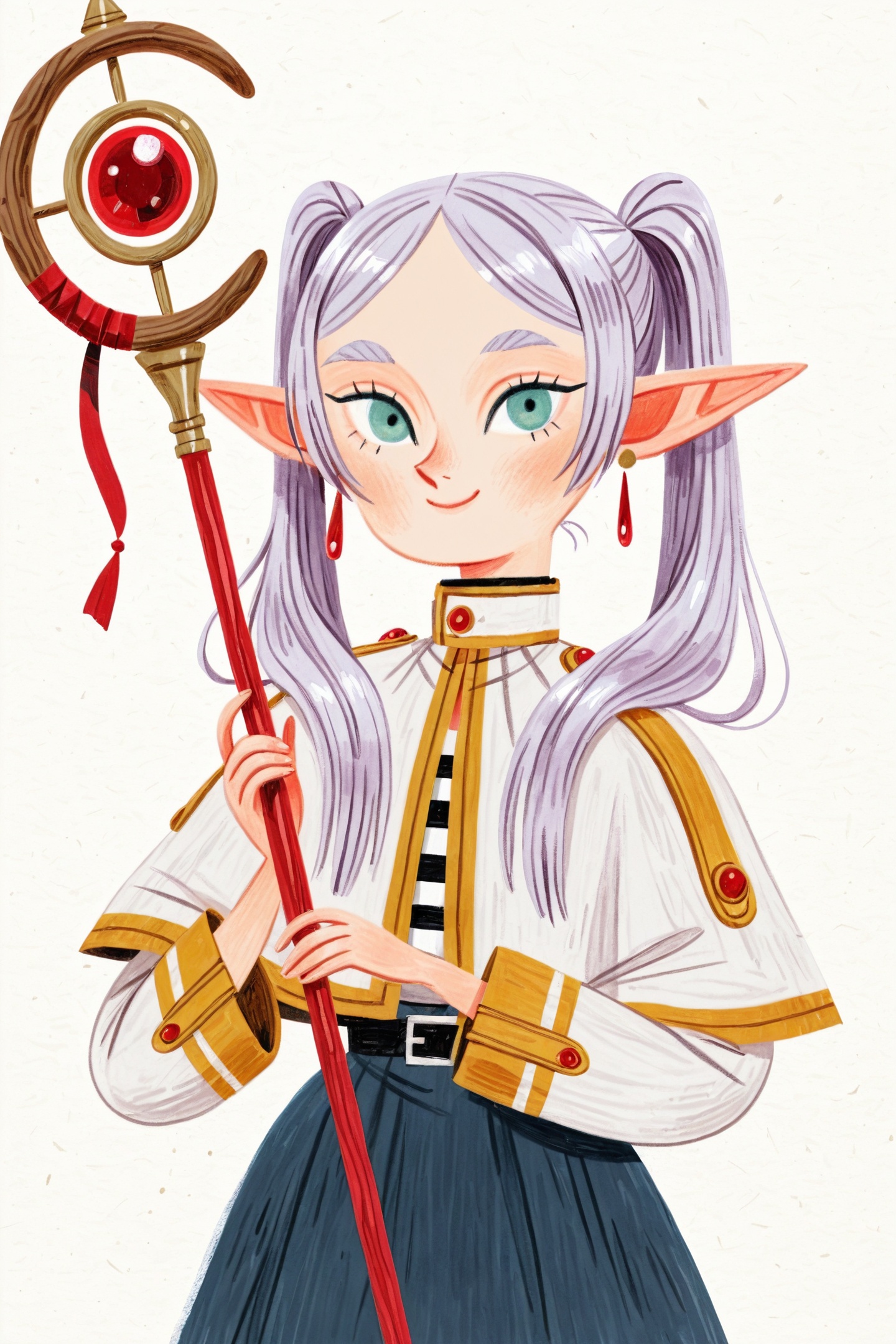 David Sierra Liston Style,1girl,frieren,solo,pointy ears,elf,twintails,jewelry,earrings,capelet,white background,long hair,looking at viewer,staff,simple background,smile,parted bangs,long sleeves,holding staff,holding,closed mouth,dangle earrings,skirt,shirt,traditional media,<lora:David Sierra Liston_illustriousXL:1>,