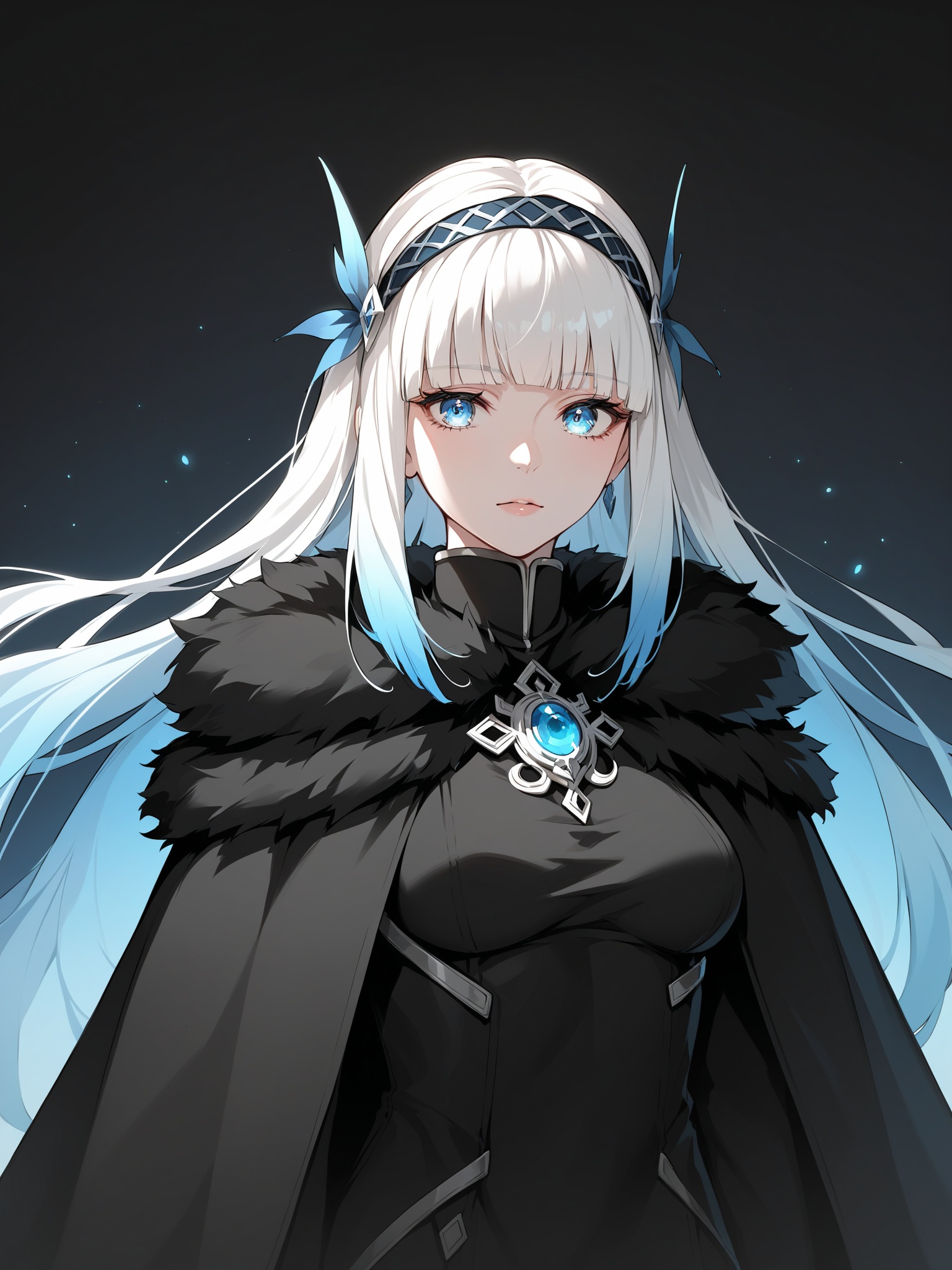 score_9,score_8_up,score_7_up,source_anime,masterpiece,best quality,very aesthetic,absurdres,uncensored,glowing,black theme,white hair,breasts,light blue eyes,gradient hair,hime cut,hair ornament,headband,fur trim,cloak,linea alba,