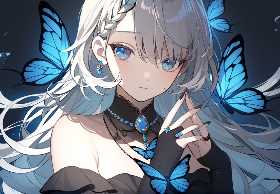 (best quality), ((masterpiece)), (highres), illustration, original, extremely detailed, <lora:淡彩の华美病娇:0.7>1girl, solo, butterfly, braid, bug, long hair, looking at viewer, blue butterfly, jewelry, dress, hair ornament, black dress, hair between eyes, upper body, bare shoulders, bangs, ring, nail polish, steepled fingers, braided bangs, black nails, grey eyes, bridal gauntlets, blue eyes, closed mouth, grey hair