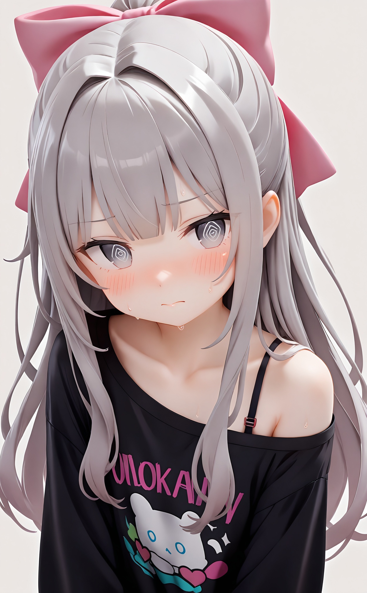 masterpiece,loli,solo,@_@,simple_background,blush,sweat,white_background,ponytail,bra_strap,off_shoulder,virtual_youtuber,grey_hair,shirt,collarbone,head_tilt,black_shirt,upper_body,single_bare_shoulder,closed_mouth,hair_bow,bow,print_shirt,long_sleeves,long_hair,1girl,hair_intakes,clothes_writing,otoko_no_ko,1boy,looking_to_the_side,male_focus,purple_eyes,pink_bow,frown,grey_eyes,<lora:PVC5——【noob】hans:0.8>,