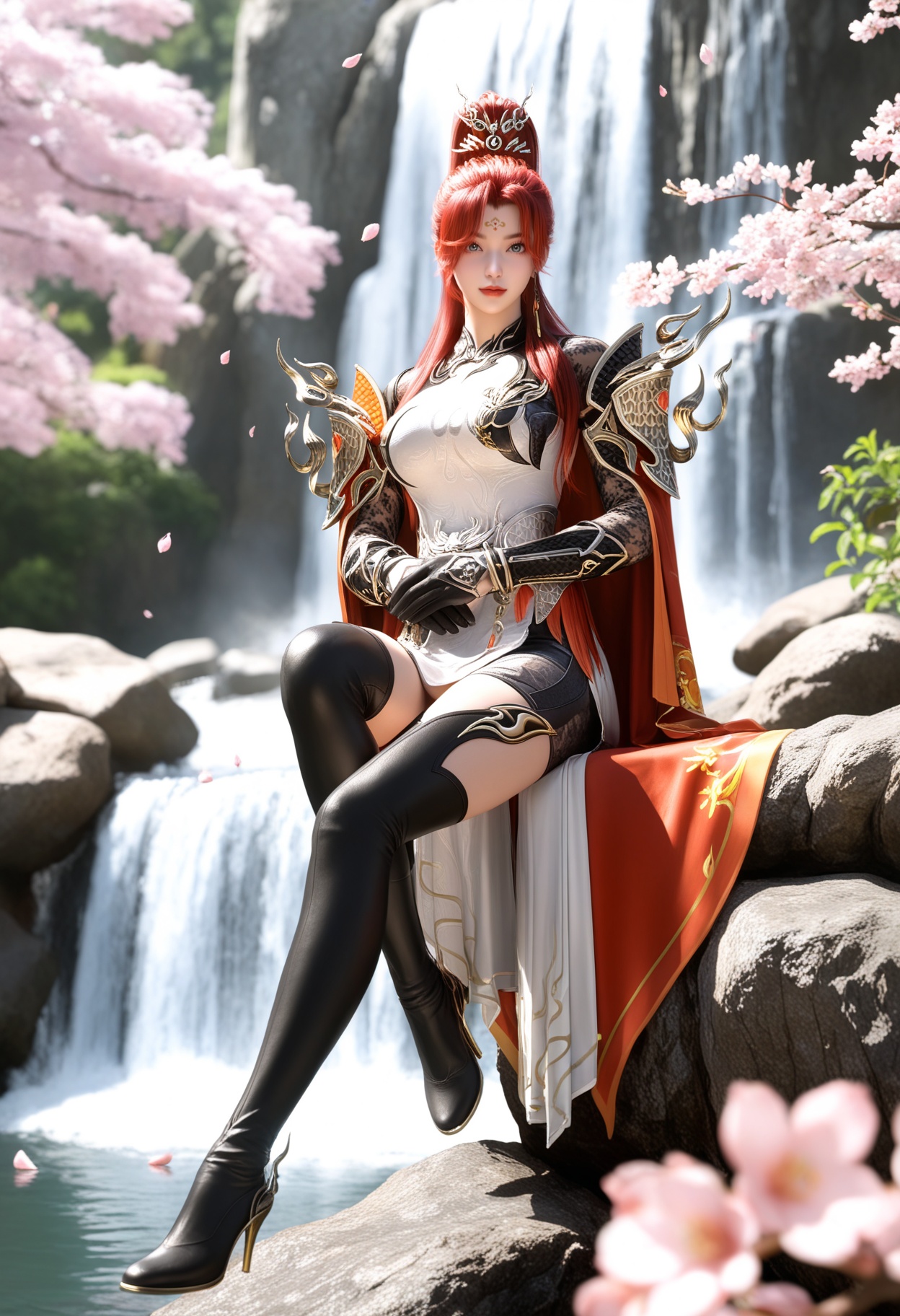 masterpiece,best quality,amazing quality,high resolution,ultra-detailed,absurdres,(looking at viewer:1.1),moody lighting,waterfall,peach blossom,falling petals BREAK large breasts,1girl,solo,long hair,red hair,jewelry,earrings,forehead mark,red lips,hair ornament,ponytail,armor,dress,chinese clothes,makeup,thighhighs,gloves,cape,blue eyes,shoulder armor,high ponytail,grey eyes,red cape,black thighhighs,thigh boots,boots,sitting BREAK photorealistic details,<lora:QQSillchiyanghuamingV1:0.8>,