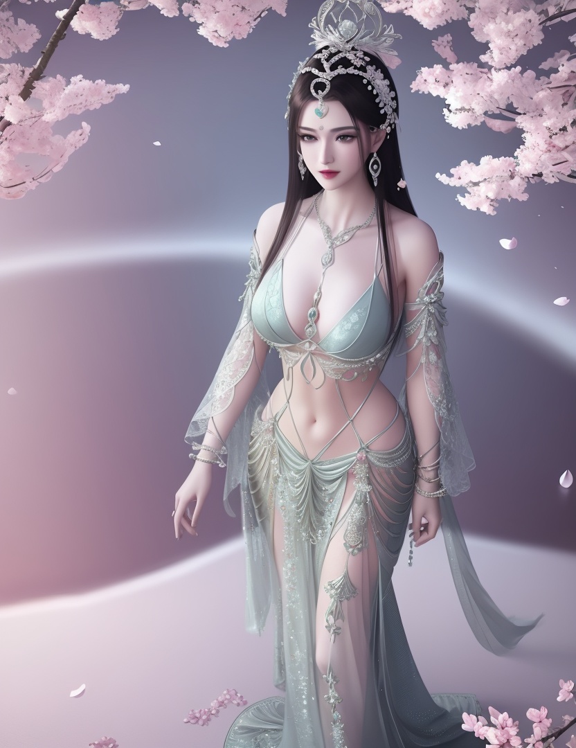 ultra realistic 8k cg, picture-perfect face, flawless, clean, masterpiece, professional artwork, famous artwork, cinematic lighting, cinematic bloom, perfect face, beautiful face, fantasy, dreamlike, unreal, science fiction , beautiful clothes, lace, lace trim, lace-trimmed legwear,  (rich:1.4), prestige, luxury, jewelry, diamond, gold, pearl, gem, sapphire, ruby, emerald, intricate detail, delicate pattern, charming, alluring, seductive, erotic, enchanting, hair ornament, necklace, earrings, bracelet, armlet,halo((,1girl, pov,))  (((1girl, solo,spring \(season\),cherry blossoms, large breasts,  looking_at_viewer ,chest jewel,  )))    <lora:DA_NSH_XLZH:0.6>