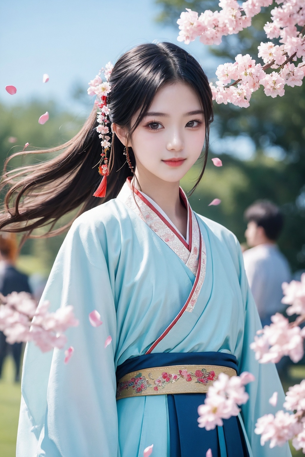 1girl,upper body,hanfu,sidelocks,floating petals.,