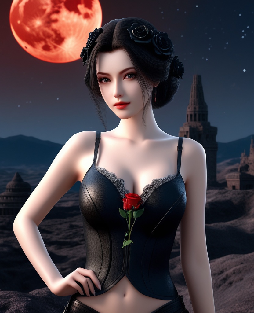 <lora:592-DA-XL-星辰变-姜立:0.8>(,1girl, ,best quality, ),looking at viewer,  ,,ultra detailed background,ultra detailed background,ultra realistic 8k cg,, ,masterpiece, (( , )),, ,science fiction,mole, ,    ,red moon, black rose,     (cleavage), (),