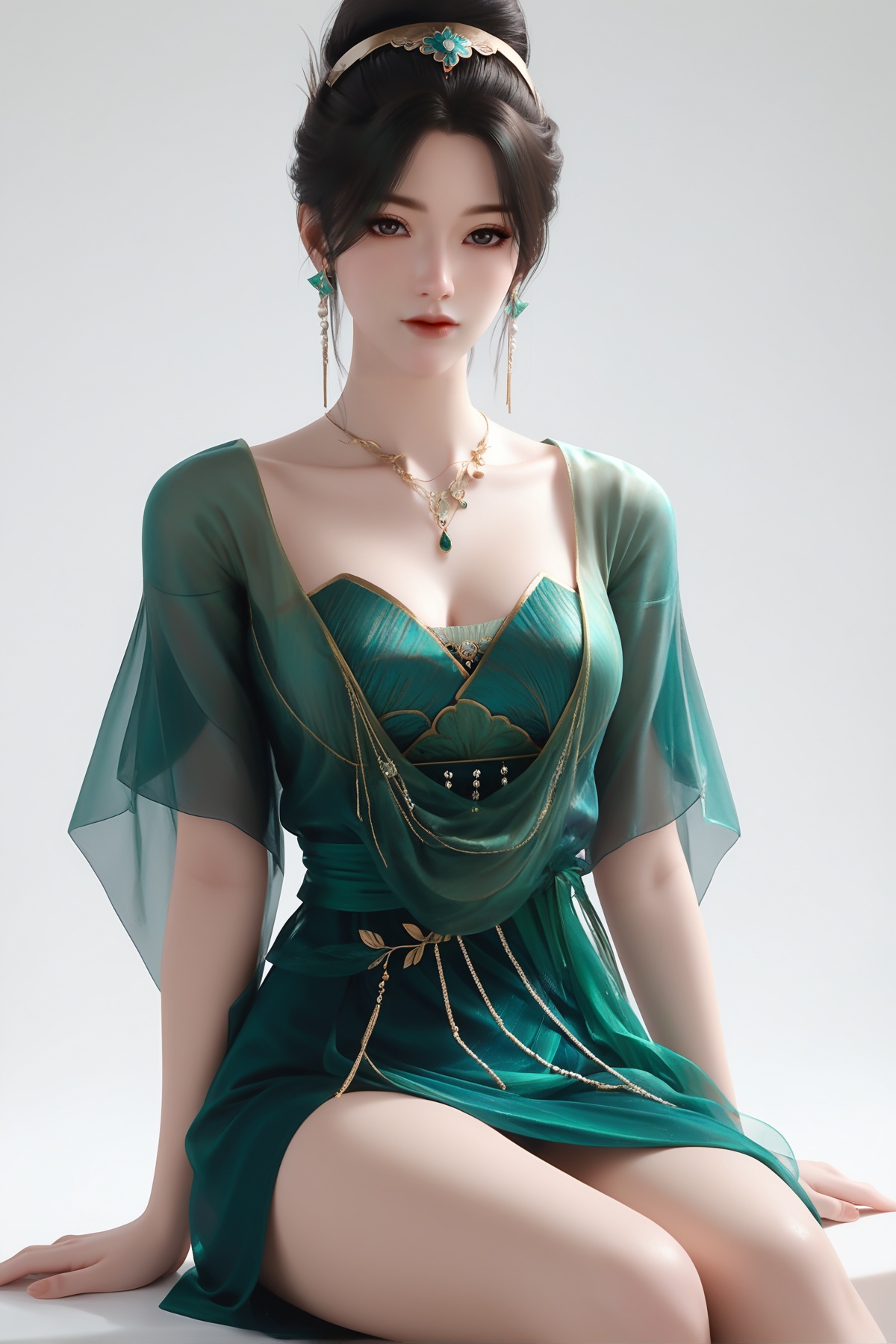 score_9,score_8_up,score_7_up,<lora:wy_tangyu_XL7.0:0.8>,1girl,jewelry,earrings,necklace,green dress,dress,solo,black hair,looking at viewer,collarbone,single hair bun,hair bun,hair ornament,thick_thighs,sitting,simple background,white_background,