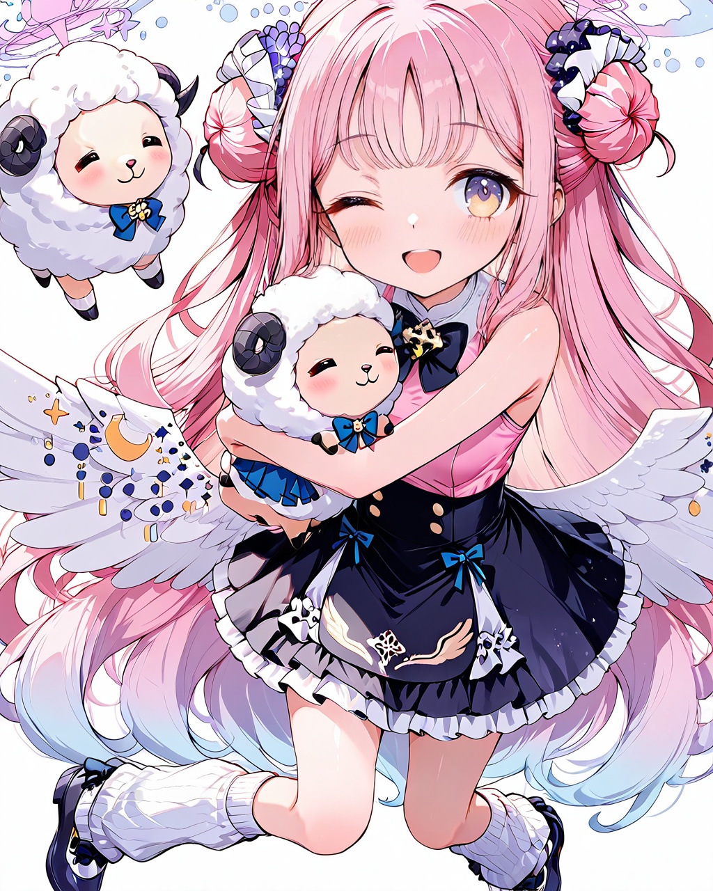 mika (blue archive),O,1girl, halo, hair bun, long hair, wings, pink hair, skirt, smile, hair ornament, black footwear, mika (blue archive), one eye closed, full body, scrunchie, black skirt, low wings, frills, shoes, white wings, socks, bow, looking at viewer, solo, bangs, open mouth, double bun, single side bun, flower, hair flower, feathered wings, shirt, sheep, frilled skirt, sleeveless, bell, white background, hair scrunchie, blush, standing, detached sleeves, high-waist skirt, simple background, very long hair, bare shoulders, angel wings, horns, hug, yellow eyes, kneehighs, pink shirt, ,d, black bow, black scrunchie, leg warmers, dress, :d, white socks, purple eyes, sleeveless shirt, sidelocks, bowtie,(UHD),anatomically correct,accurate,textured skin,super detail,high details,award winning,best quality,high quality,retinal,HD,16k,1080P,