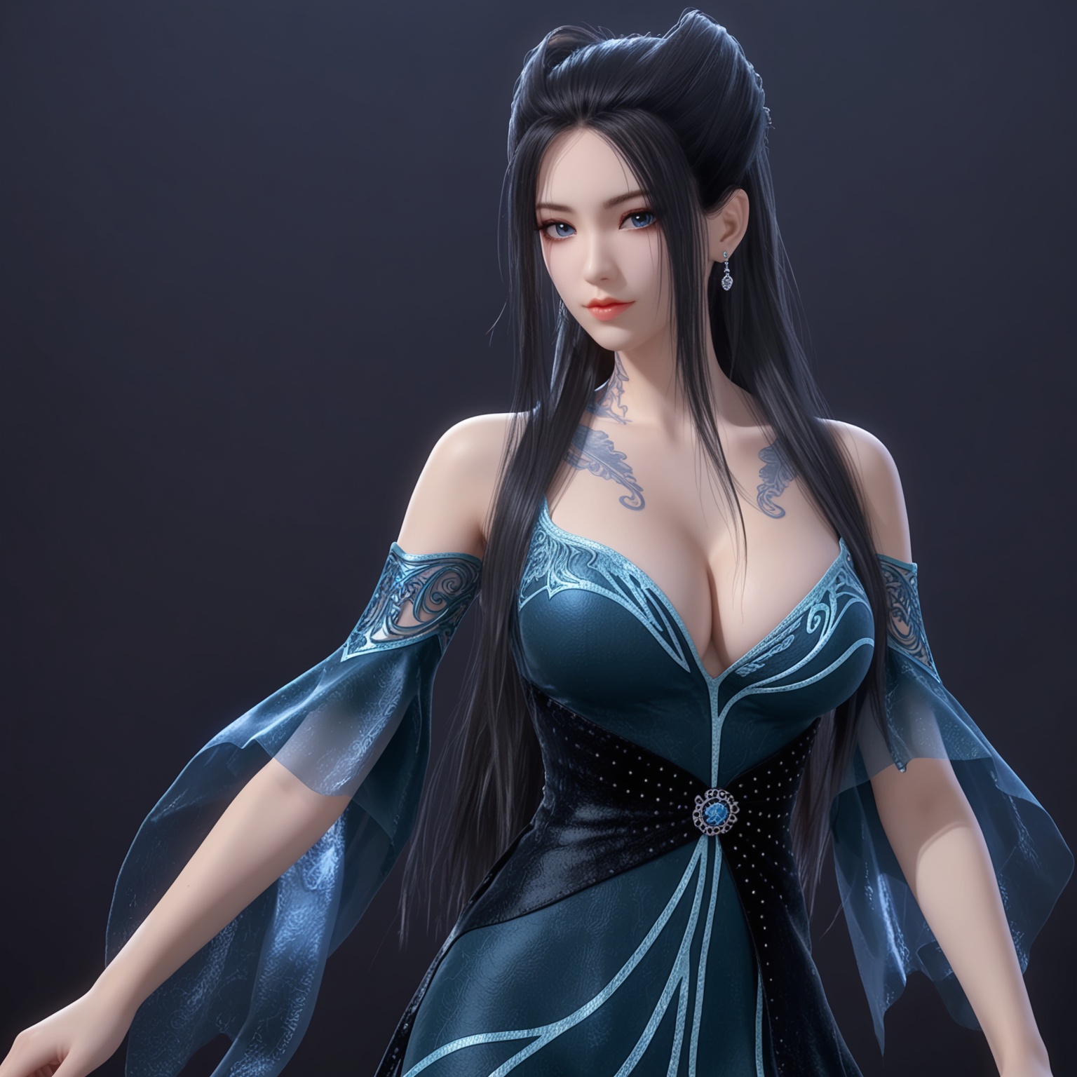 1girl,solo,<lora:ponyyanlingjilanyiV3:0.7>,black_hair,long_hair,dress,bare_shoulders,score_9,breasts,blue_eyes,realistic,cleavage,hair_bun,detached_sleeves,jewelry,blue_dress,earrings,high_heels,black_dress,piercing,tattoo,ear_piercing,shoes,footwear,BREAK score_9,upper_body,portrait,shiny_skin,looking at viewer,cinematic lighting,volumetric lighting,solo focus,(huge breasts:0.9),(simple background,pure black background,black background:1.1),