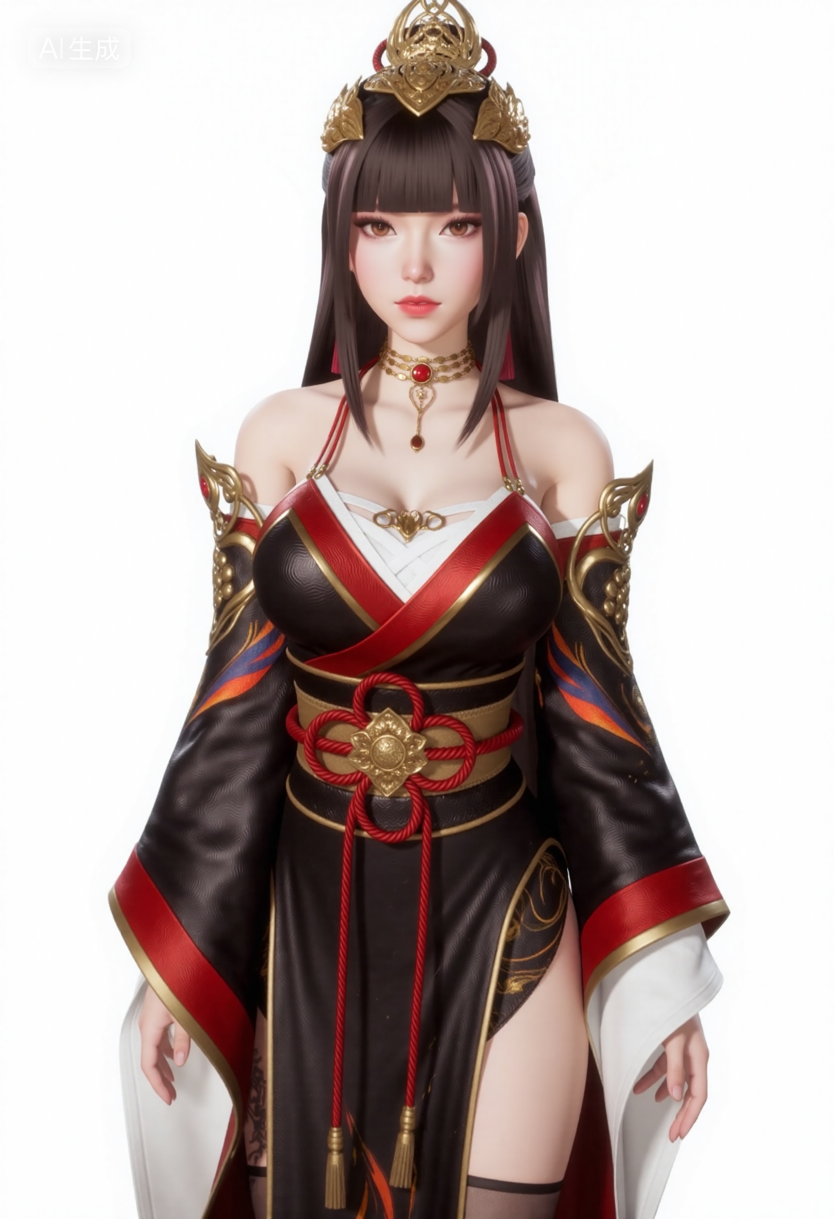mimi,You Yi Han,cowboy shot (mid-thigh up),mimi,looking at viewer,front view,, long straight dark brown hair with bangs styled with an ornate golden crown and a red rope tied at the back,warm amber eyes,golden choker with red gemstone,matching dangling earrings with crimson tassels,off-shoulder fantasy robe in black and deep red with gold trim,layered white undergarment,thick crimson rope belt tied in a decorative knot at the waist,ornate golden shoulder guards with dragon-scale patterns and embedded red gems,wide flowing sleeves with red and gold accents,high-slit asymmetrical hemline revealing legs,sheer black thigh-high stockings,black fabric with subtle wave patterns accented with swirling flame-like designs in orange and blue,, plain white background,studio lighting,sharp focus,, Negative prompt: ng_deepnegative_v1_75t,(badhandv4:1.2),EasyNegative,(worst quality:2),,nsfw, Steps: 30, Sampler: Euler, CFG scale: 3.5, Seed: 2170785552, Size: 832x1216, Model hash: 0734f0ab2a, Model: F.1 模型下载版-黑暗森林工作室_fp16.sft, Denoising strength: 0.4, RNG: CPU, Lora 1: 20251022-1761149905385-0008, Lora Hash 1: 278bdf9851, Lora Weight 1: 0.75, Lora 2: 金宝-F.1-妆容.美颜.磨皮。三合一, Lora Hash 2: 9fa9e2a424, Lora Weight 2: 0.2, vae_name: automatic, Hires resize: 1664x2432, Hires steps: 30, Hires upscaler: 4x-UltraSharp