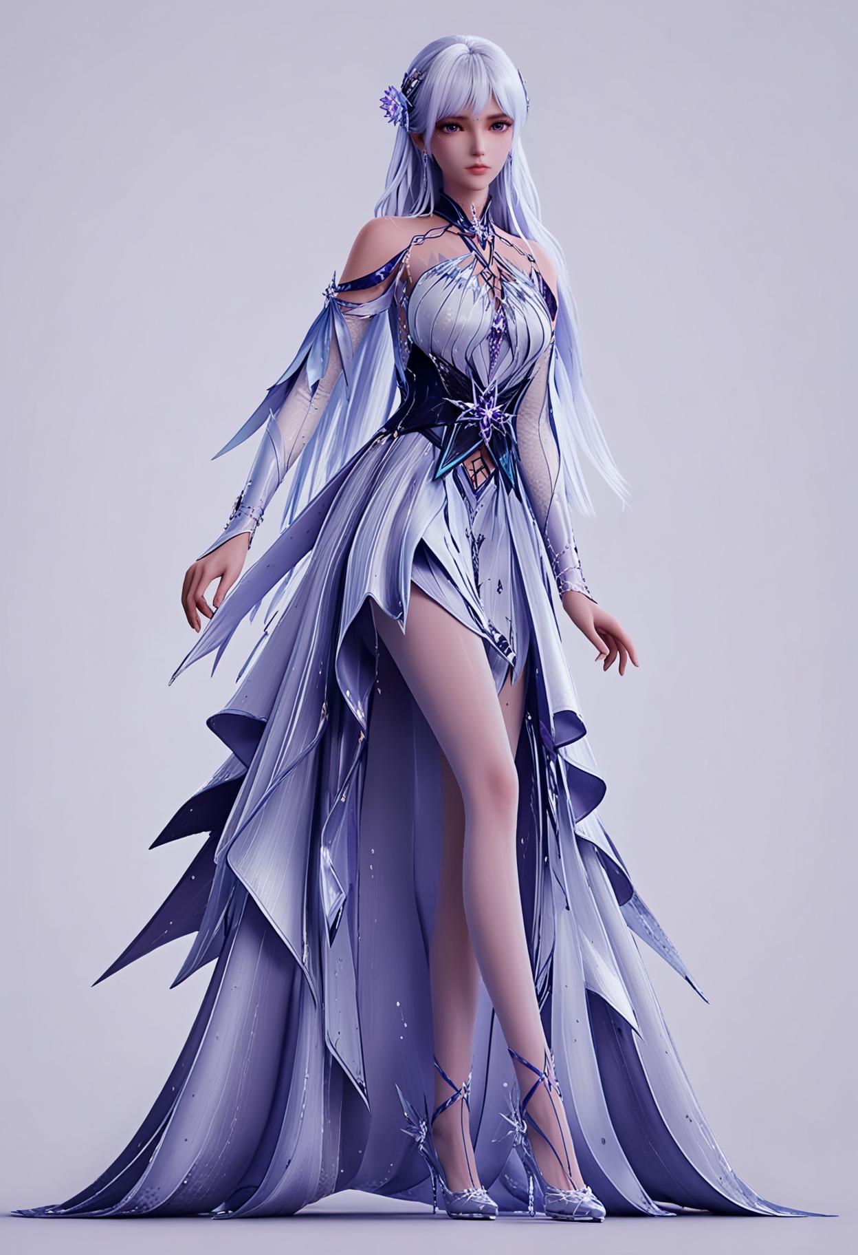 score_9,high detail,best quality,shiny skin,shiny,shengcaiersjcf,1girl,solo,purple eyes,white hair,long hair,white background,hair ornament,jewelry,earrings,realistic,simple background,closed mouth,dress,bare shoulders,hair flower,white dress,lips,breasts,full body,pantyhose,strappy heels,looking at viewer,<lora:QQSponyshengcaiersjcfV1:0.8>,<lora:Pony_DetailV2.0:0.8>,<lora:皮肤凹痕:0.1>,