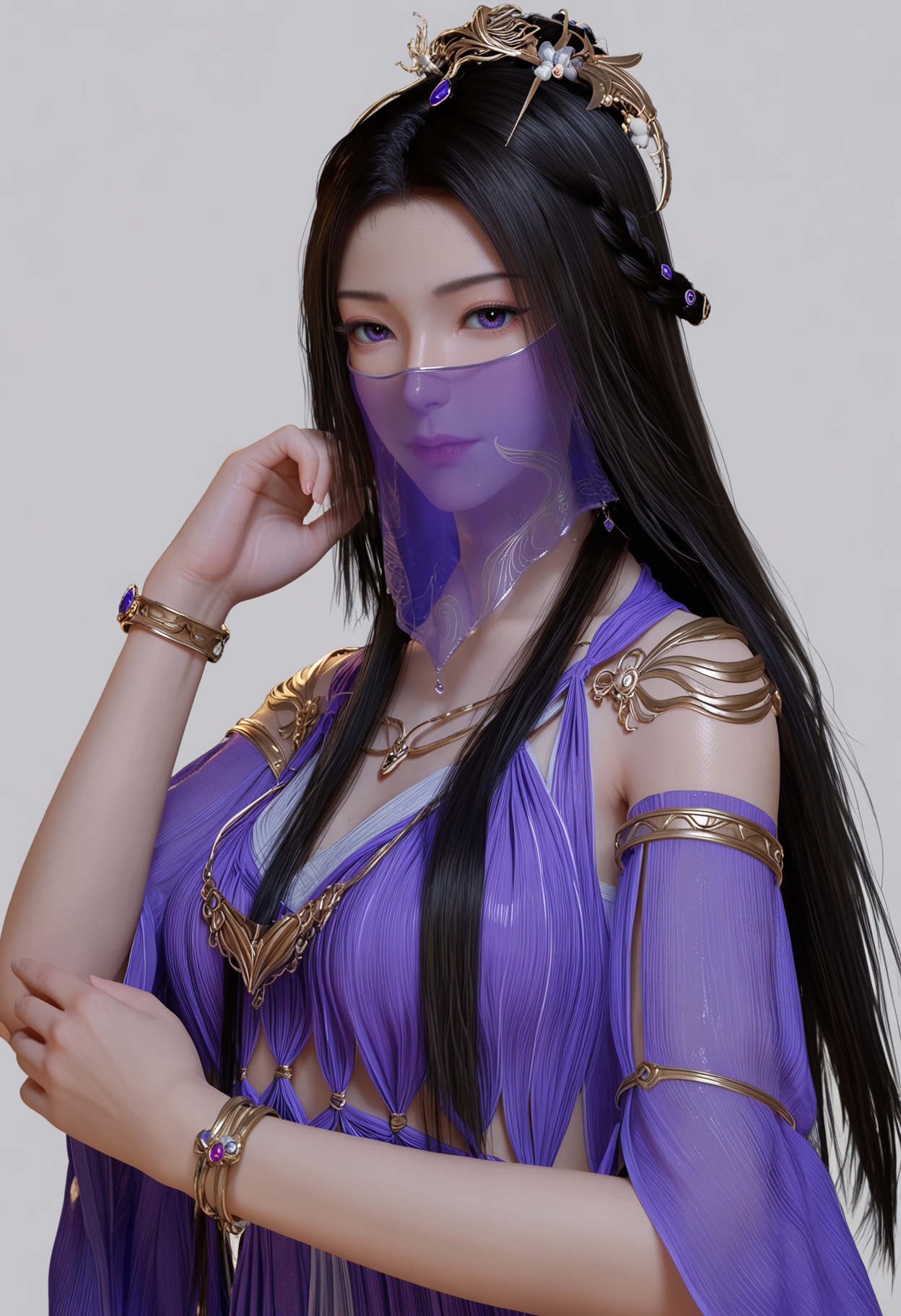 score_9,high detail,best quality,shiny skin,shiny,1girl,solo,purple_eyes,dress,breasts,long hair,black hair,jewelry,purple dress,bracelet,transparent background,hair ornament,mouth veil,white background,necklace,realistic,closed mouth,looking_at_viewer,upper_body,thighs,<lora:QQSponyzilingV1:0.8>,<lora:Pony_DetailV2.0:0.8>,<lora:皮肤凹痕:0.1>,