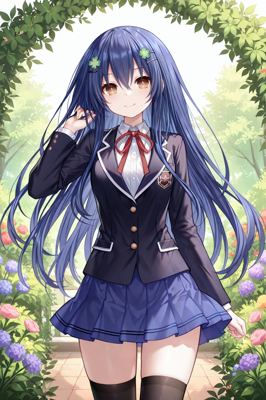 masterpiece, best quality, newest, absurdres, highres, (quan \(kurisu tina\):0.6, ),(chen bin:0.5),(rimuu:0.5),(mignon:0.5),(sheya:0.5),1girl, solo,  itsuka shiori, 1girl, blue hair, brown eyes, hairclip, four-leaf clover hair ornament,smile,school uniform, jacket,skirt,thighhighs, garden,flower,date a live, <lora:Lynn_Kamina_RUHEE:0.4>,<lora:Sora72Iro:0.4>,<lora:shioriXLNAI:1>
