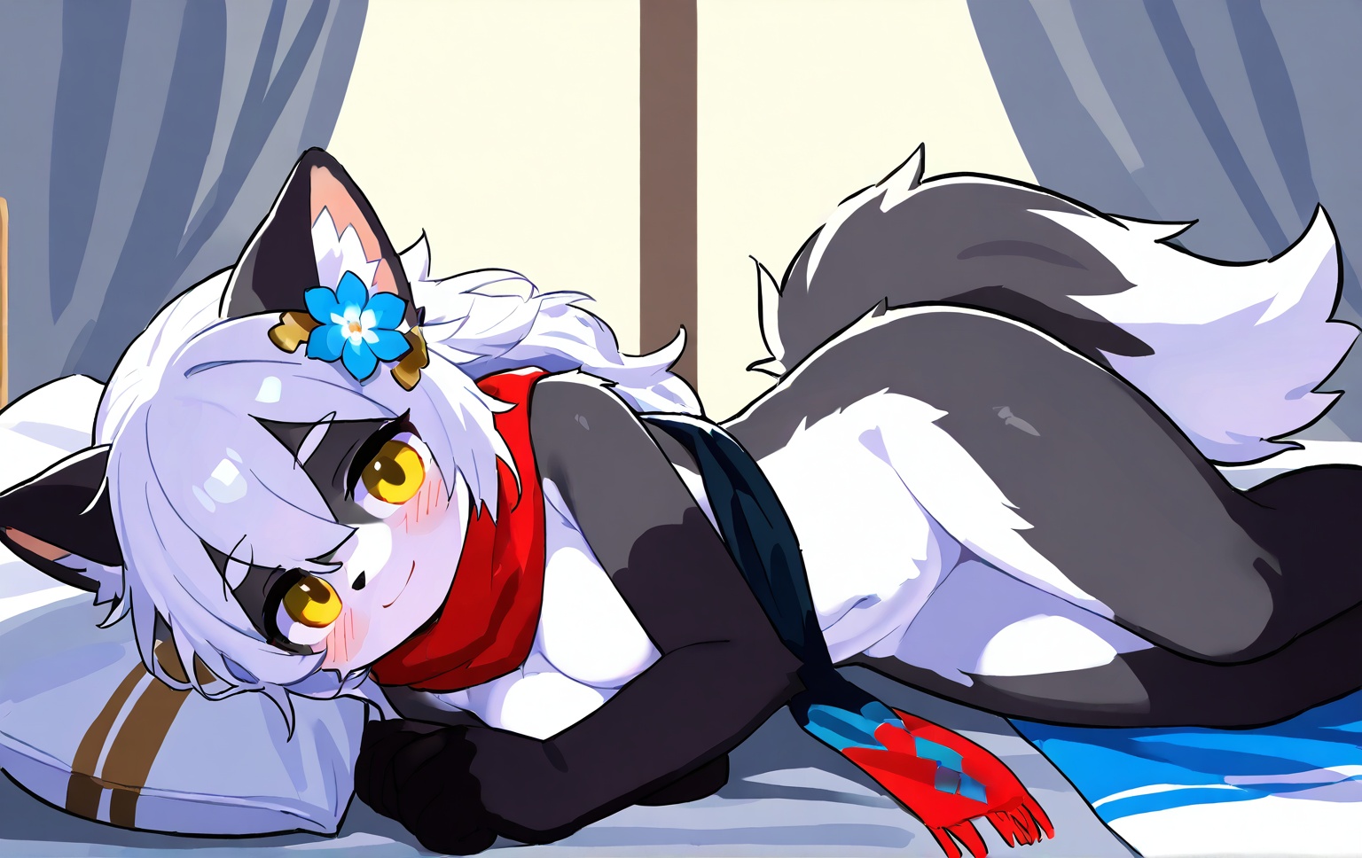 1boy, solo, animal ears, furry, tail, scarf, smile, furry female, lying, hair ornament, body fur, looking at viewer, red scarf, on side, breasts, pillow, on bed, white fur, long hair, white hair, blue flower, yellow eyes, flower, bed, blush, hair between eyes, nude, closed mouth, grey fur