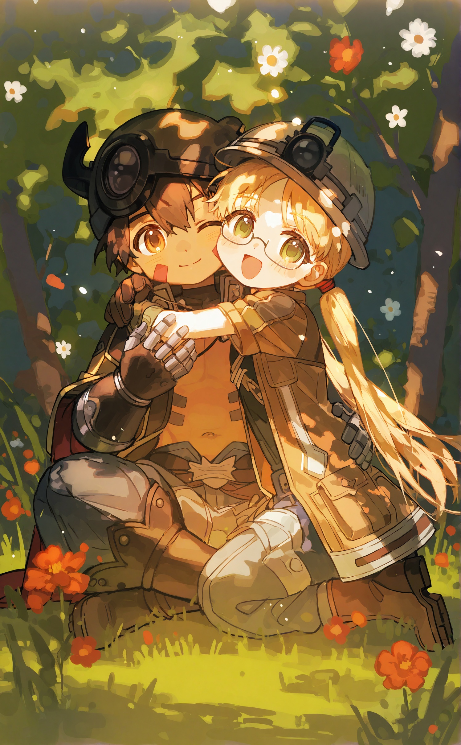 1girl,1boy,twintails,mechanical arms,glasses,helmet,blonde hair,headlamp,green eyes,hug,brown headwear,long hair,smile,brown hair,open mouth,pants,one eye closed,flower,facial mark,low twintails,navel,jacket,whistle around neck,grass,brown jacket,looking at viewer,brown gloves,open clothes,sitting,closed mouth,short sleeves,indian style,whistle,open jacket,yellow eyes,orange eyes,blue pants,gloves,white flower,child,dark skin,cape,pouch,coat,red flower,brown footwear,pith helmet,short hair,:d,hat,hair between eyes,dark-skinned male,puffy pants,boots,mechanical legs,very long hair,red cape,full body,on grass,topless male,brown eyes,brown coat,hug from behind,heads together,grey pants,horned helmet,open coat,semi-rimless eyewear,blush,outdoors,<lora:ciloranko-000040:1>,