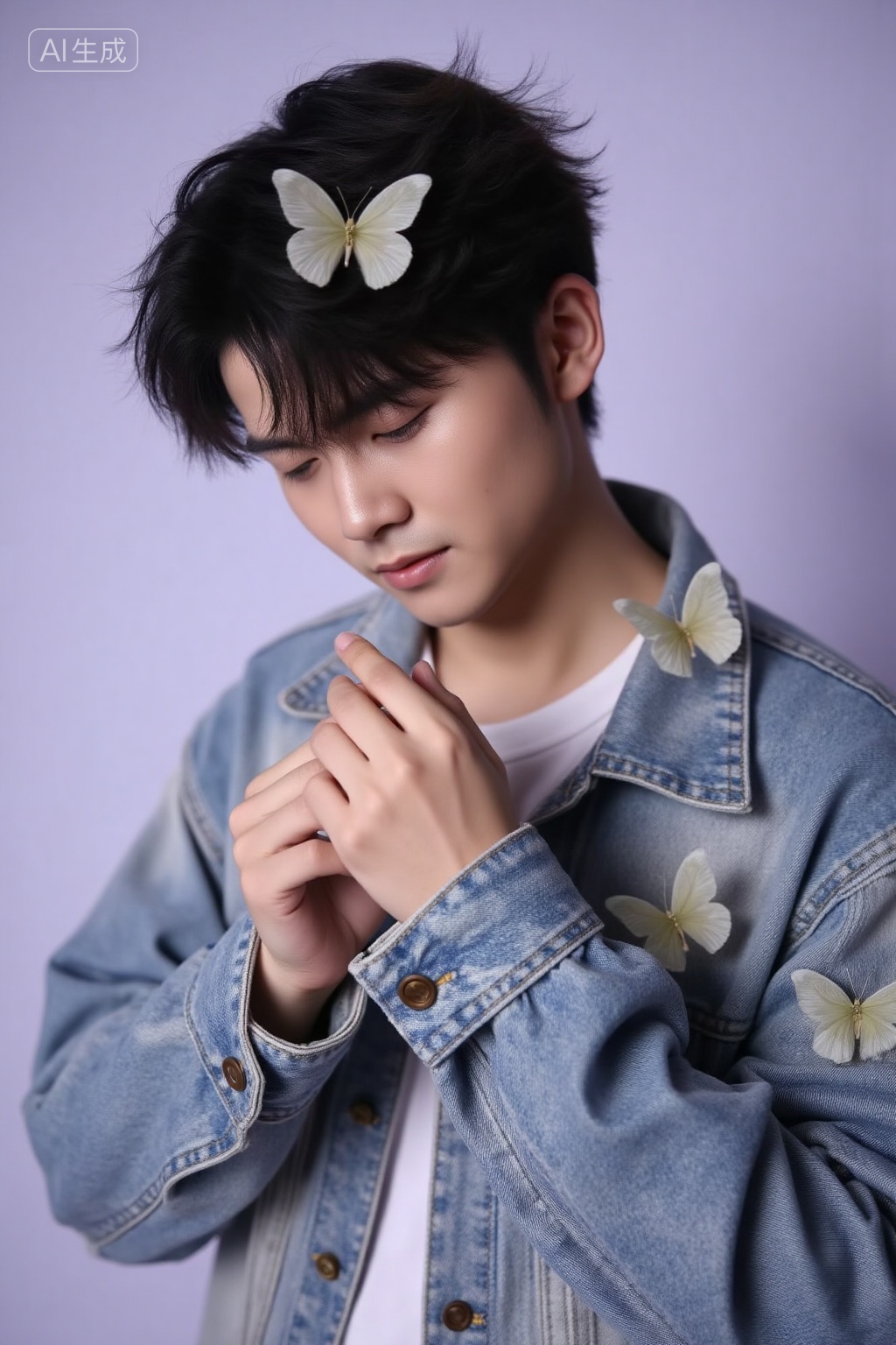 The image is a photograph of a young Asian man with fair skin and short, slightly tousled black hair. He is wearing a light blue, slightly faded denim jacket with large, dark brown buttons and two chest pockets. The jacket has a casual, slightly worn texture. The man is gazing downward with a serene expression, his eyes closed. In his right hand, he gently holds a delicate, translucent butterfly with light grey and white wings, close to his face. Several other similar butterflies are perched on his jacket and head, with one resting on his hair, just above his forehead. The background is a smooth, gradient light purple, which contrasts softly with his skin and the denim jacket. The lighting is soft and even, highlighting the gentle texture of the butterflies wings and the subtle details of the denim. The overall composition of the photograph is calm and ethereal, with a focus on the gentle interaction between the man and the butterflies, creating a sense of tranquility and connection with nature. The photograph uses a shallow depth of field, keeping the man and the butterflies in sharp focus while the background remains softly blurred., Negative prompt: ng_deepnegative_v1_75t,(badhandv4:1.2),EasyNegative,(worst quality:2),,nsfw, Steps: 30, Sampler: Euler, CFG scale: 3.5, Seed: 3161263608, Size: 1024x1536, Model hash: 8cba4f1ef4, Model: F.1基础算法模型-哩布在线可运行_F.1-dev-fp8.safetensors, Denoising strength: 0, RNG: CPU, Lora 1: F.1 - 极致逼真亚洲男性光影写真人像, Lora Hash 1: 71fdff0497, Lora Weight 1: 0.8, vae_name: automatic