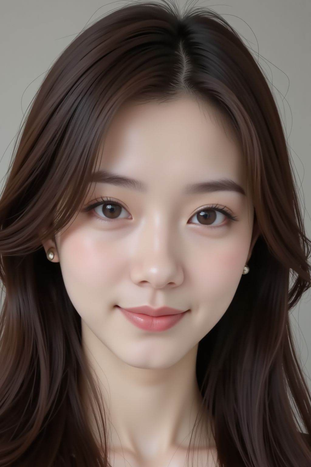 The image depicts a young woman with long, dark brown hair. She has a fair complexion and is wearing small, stud earrings. Her eyes are large and expressive, with well-defined eyebrows. The background is neutral and blurred, focusing attention on the woman's face.