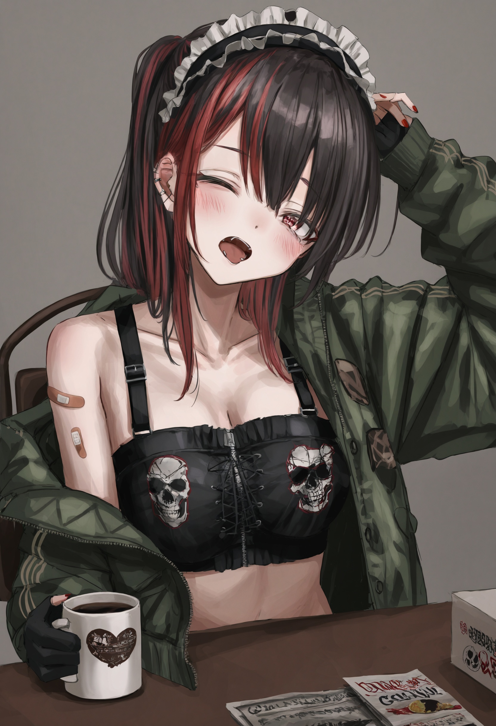 1girl,    solo, virtual youtuber, green jacket, bandeau, red hair, fingerless gloves, breasts, gloves, jacket, bandaid on arm, black gloves, strapless, cup, open mouth, long hair, upper body, multicolored hair, looking at viewer, strapless bra, fang, red bra, black hair, large breasts, hair over one eye, cleavage, bangs, tube top, suspenders, streaked hair, off shoulder, yawning, open jacket, bra, long sleeves, ponytail, bare shoulders, open clothes, hand up, sleepy, underwear, camouflage jacket, collarbone, mug, camouflage, coffee, stitches, open fly, eyebrows hidden by hair, pennant, red nails, sidelocks, hairband, red eyes, simple background, bandaid, coffee mug, blush, string bra, masterpiece, best quality <lora:GUXLlokr8f-000183:0.95>