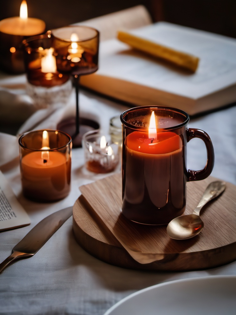 zisexi,no humans,fork,plate,cup,still life,blurry,book,drinking glass,knife,candle,table,masterpiece,8K,realistic,UHD,<lora:zongse 1.0:1>,