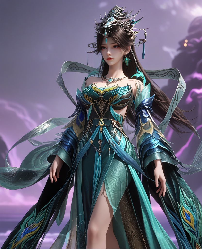 (walking:1.1),looking at viewer,(large breasts:1.2),<lora:XL16云深不知梦燕倾霏青玉殿圣女:0.95>,miss yanqingfei,blue and green tiered gown,black hair,long hair,hair ornament,traditional chinese updo,earrings,jewelry,hagoromo,necklace,wide flowing sleeves,sheer petticoat,, score_9,score_8_up,score_7_up,score_6_up,score_5_up,score_4_up,3d rendering,tag1,tag2, Cinematic Lighting,backlighting,