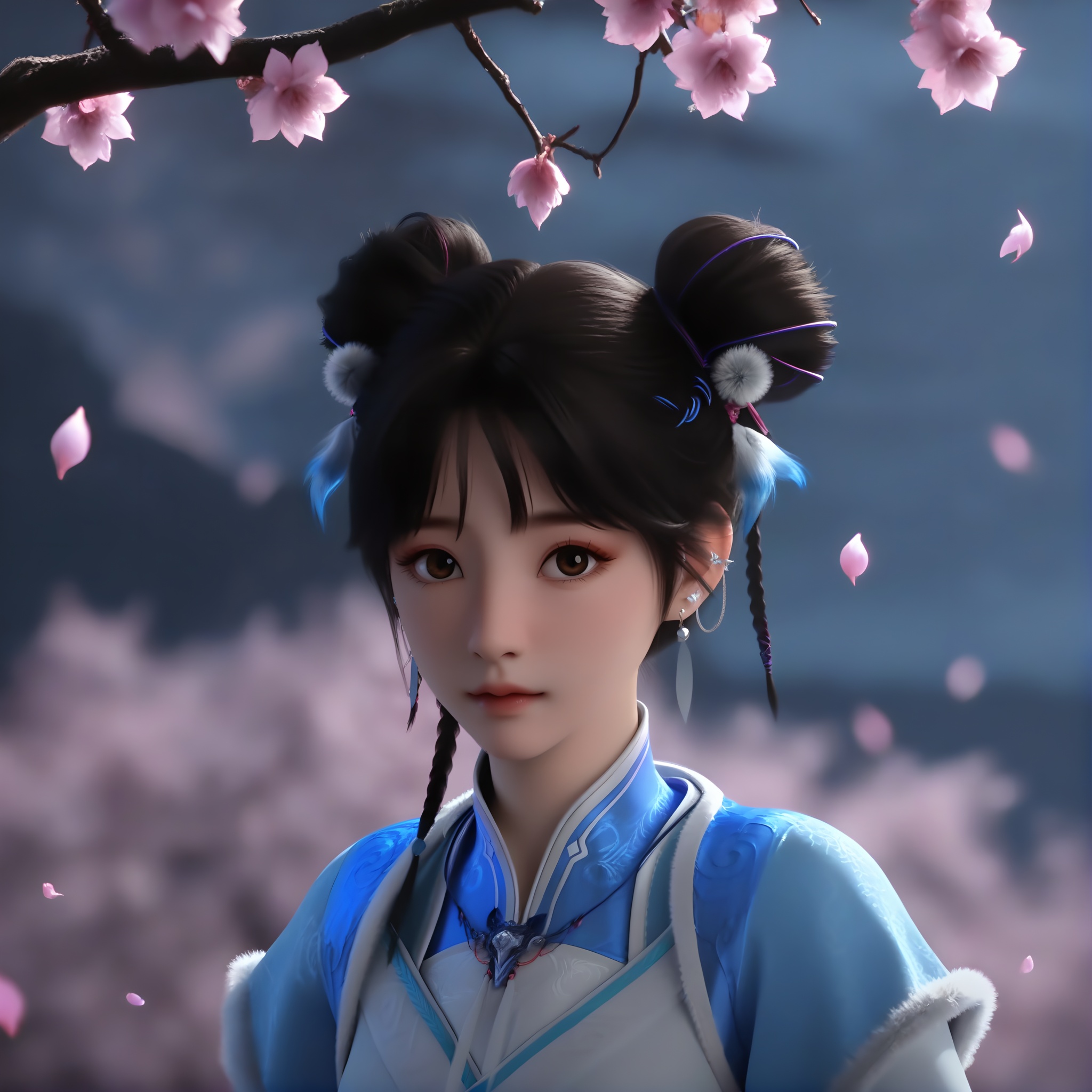 (score_9),slender,(glamor:1.1),1girl,solo,<lora:宁小龄pony:0.82>,black hair,braid,hair ornament,double bun,brown eyes,earrings,high collar,blue-white gradient hanfu,chinese clothing,metal pendant,looking at viewer,front view,BREAKdepth of field,Volumetric Lighting,Tyndall effect,Cinematic Lighting,twig,branch,falling petals,