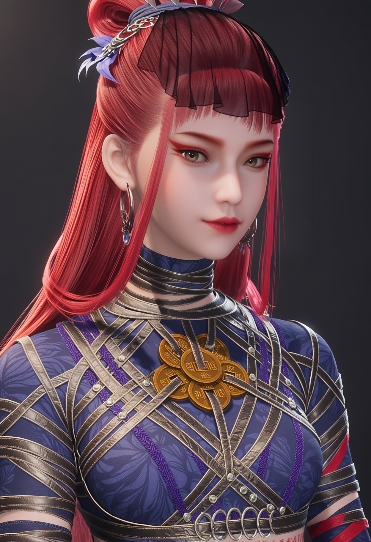 perfect_anatomy,score_9,(upper_body:1.1),looking_at_viewer,<lora:YQ_pony_jiangchen_V4:0.8>,solo,1girl,long_hair,red_hair,jewelry,earrings,makeup,hair_ornament,red_lips,eyeshadow,hair_bun,blunt_bangs,skirt,breasts,brown_eyes,mole_under_eye,single_hair_bun,hoop_earrings,crop_top,long_sleeves,midriff,realistic,hair_flower,perfect_anatomy BREAK perfect_anatomy,simple background,black background,(shiny_skin),(Ivory_skin:1.1),(cinematic lighting),